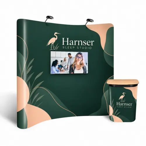 Vision Curved Pop-Up TV Stand Display - 3x5 - Supports 20"-50" TV, shown with example artwork