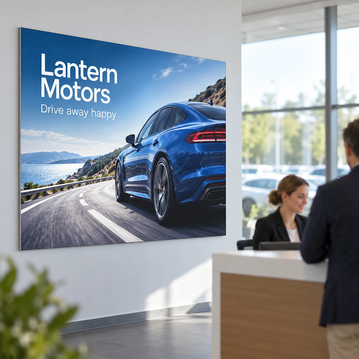 Wall-mounted tension fabric frame mounted on an office reception wall