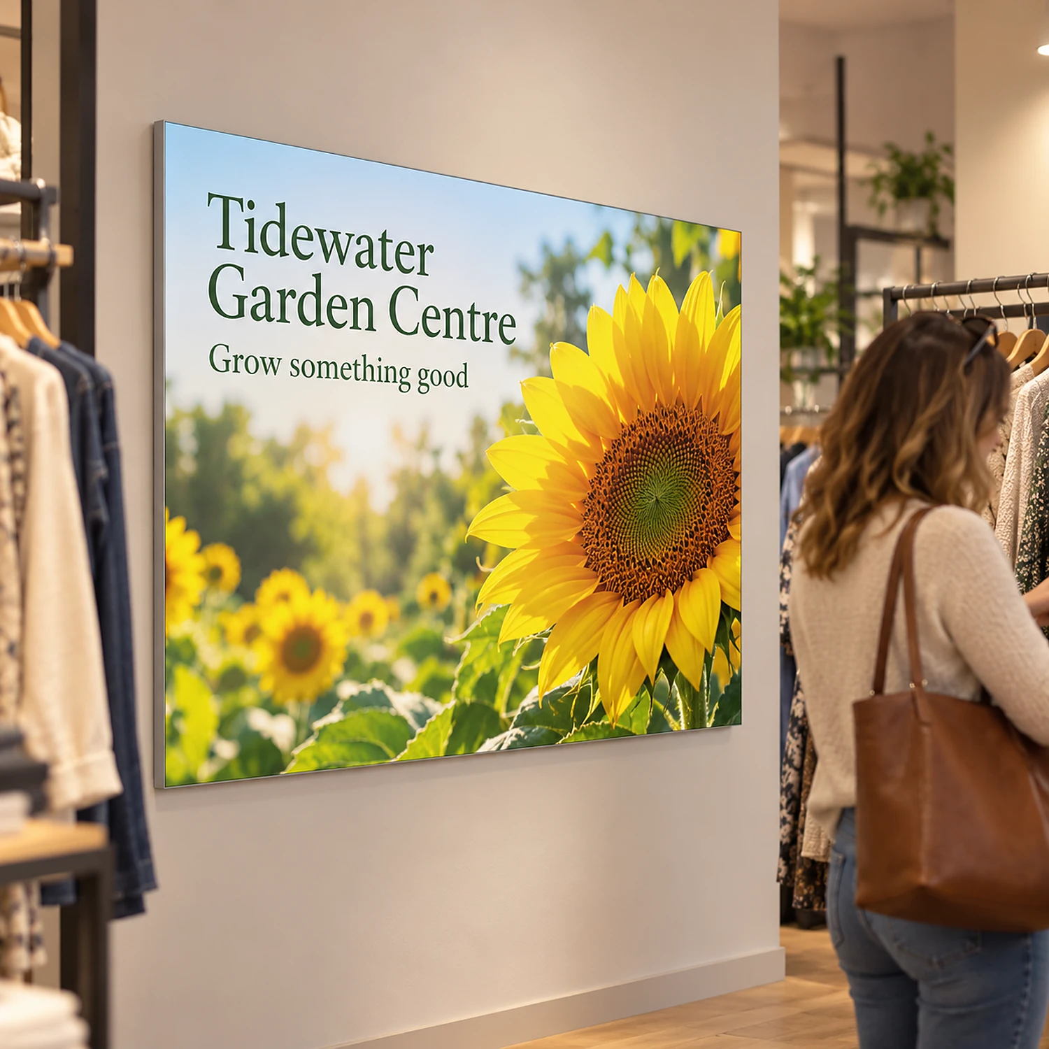 Wall-mounted tension fabric frame mounted on a boutique shop wall