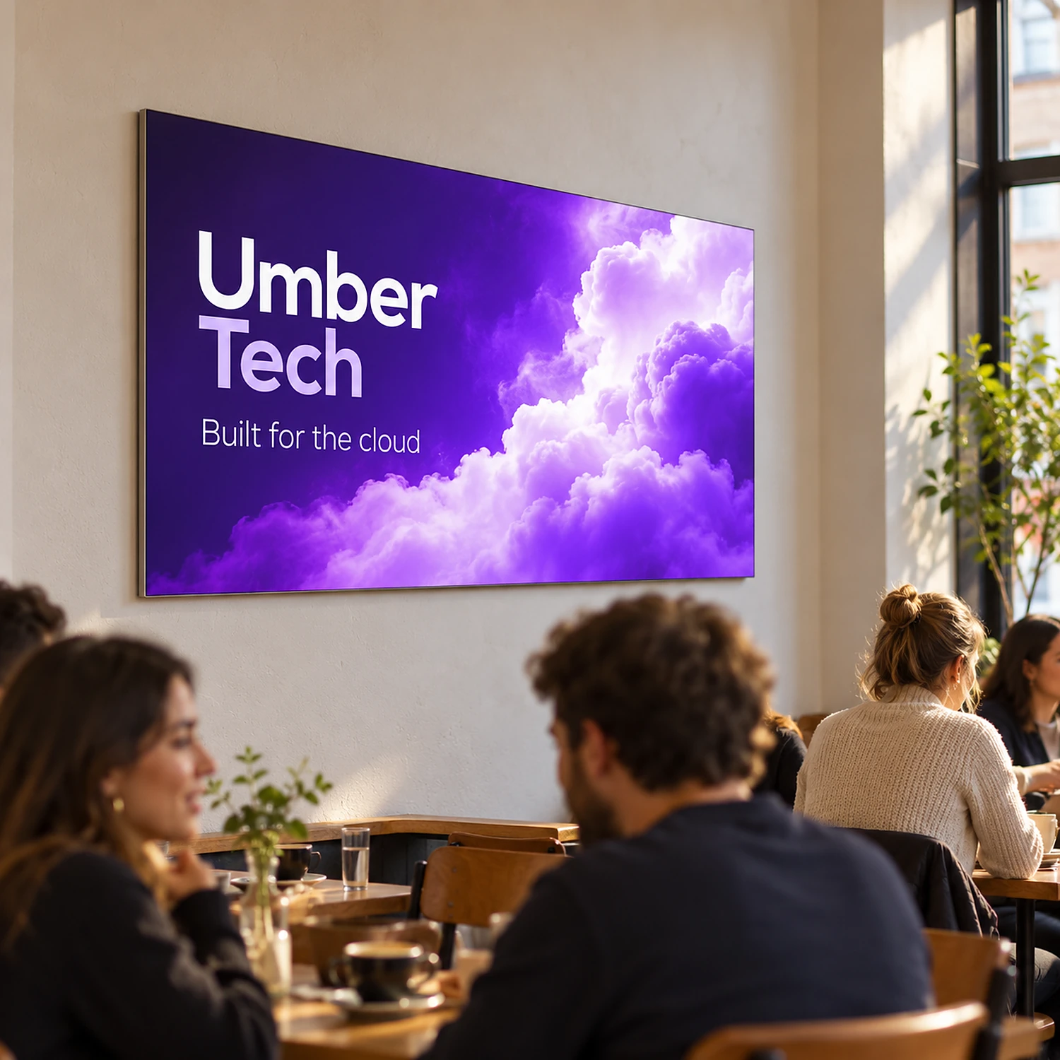 Wall-mounted tension fabric frame mounted on a cafe wall