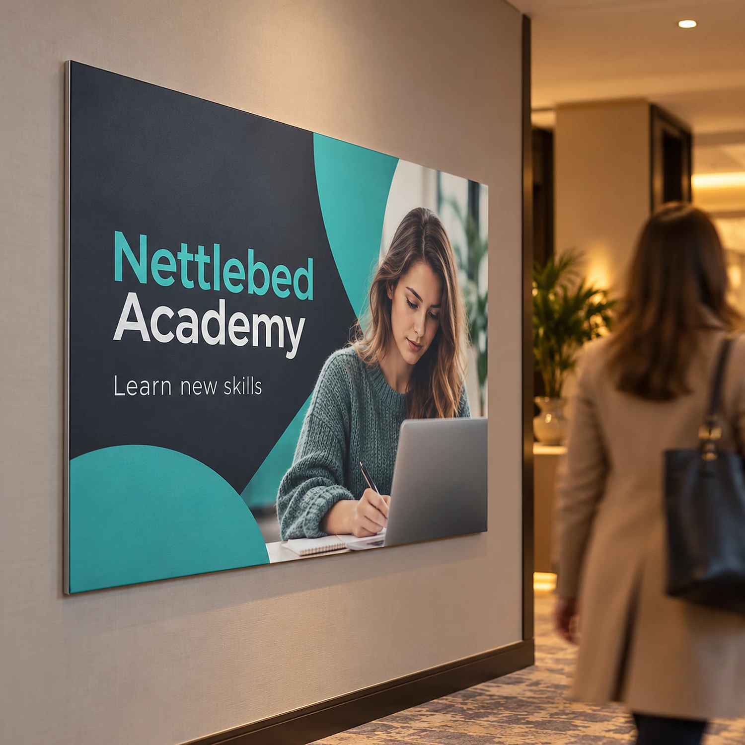 Wall-mounted tension fabric frame mounted in a hotel corridor