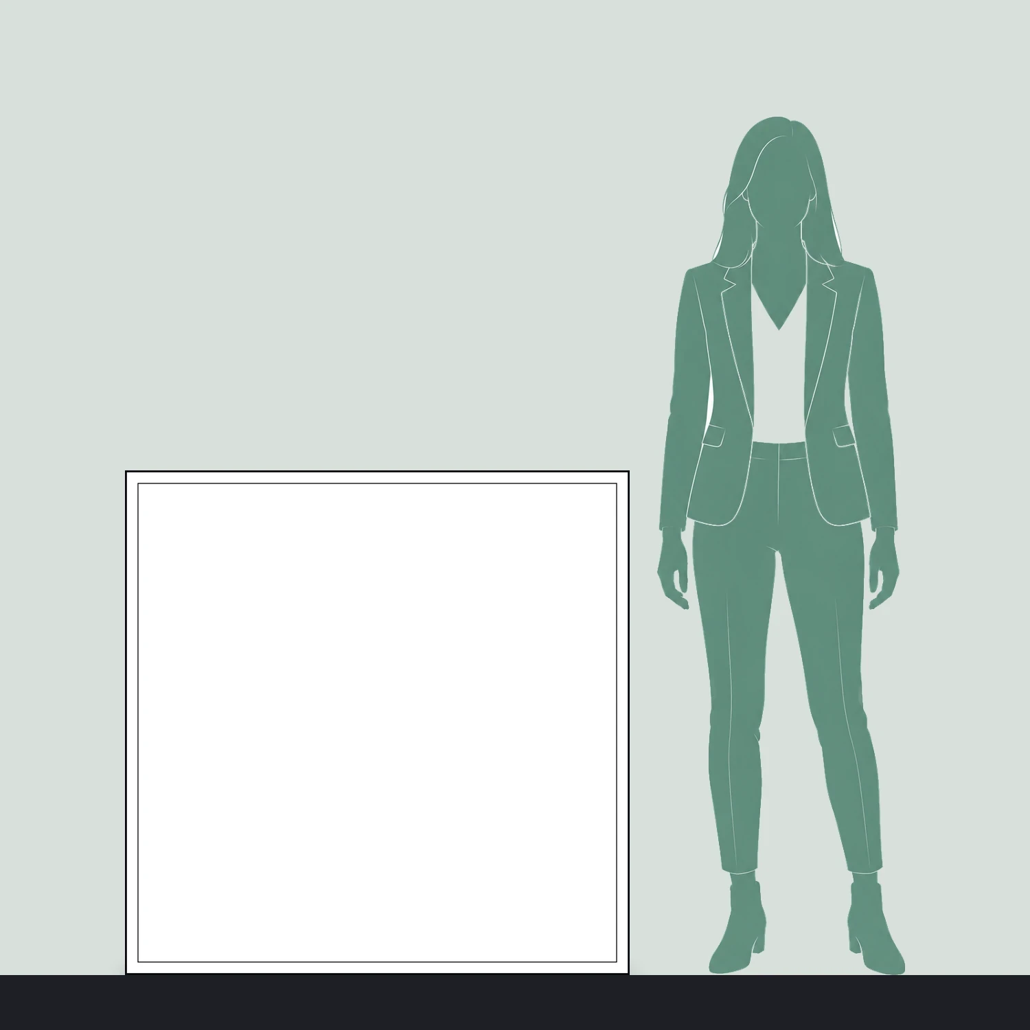 Line drawing of the 1000mm x 1000mm wall mounted tension fabric display shown to scale next to a 1.7m person