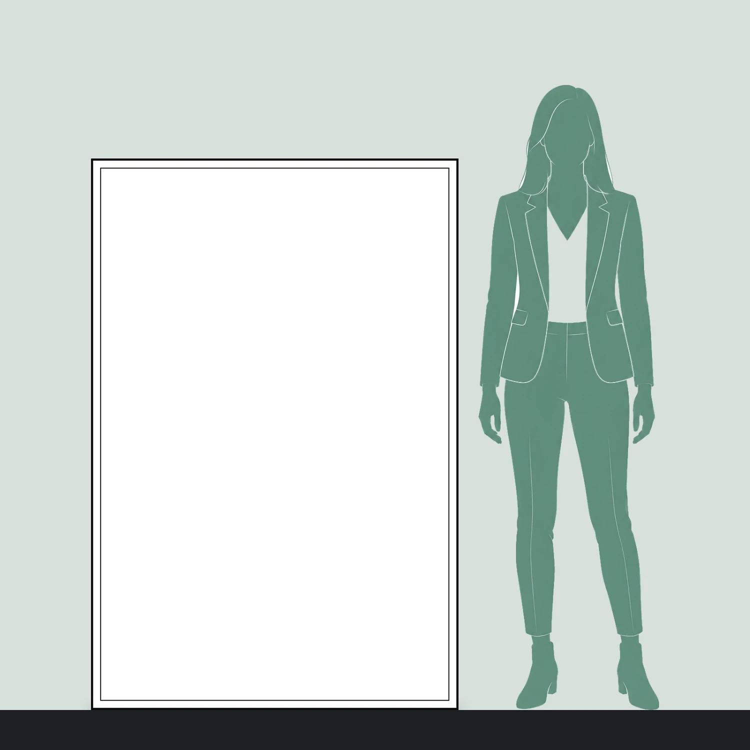 Line drawing of the 1000mm x 1500mm wall mounted tension fabric display shown to scale next to a 1.7m person