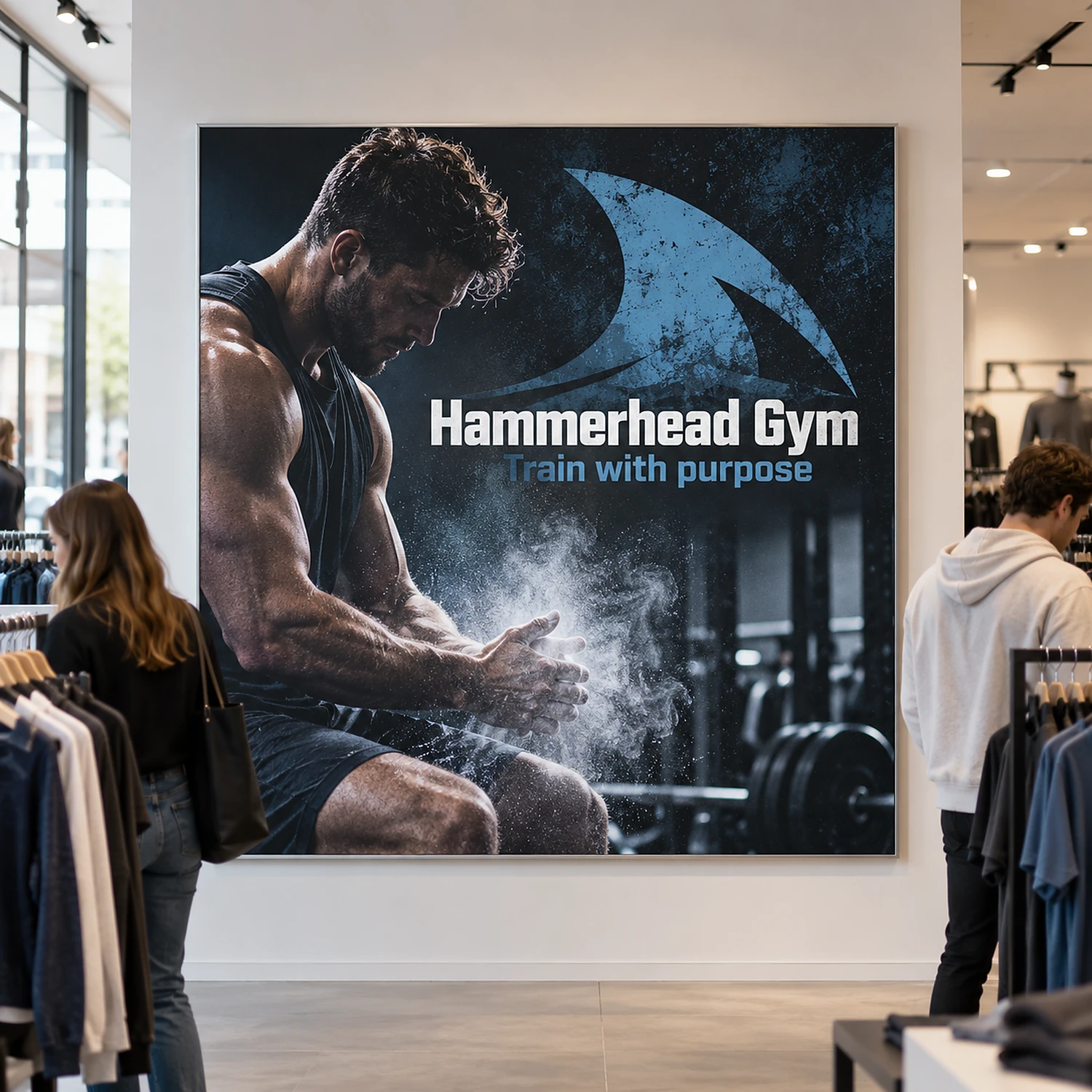 Wall mounted tension fabric display frame in a retail store, shown with an example design