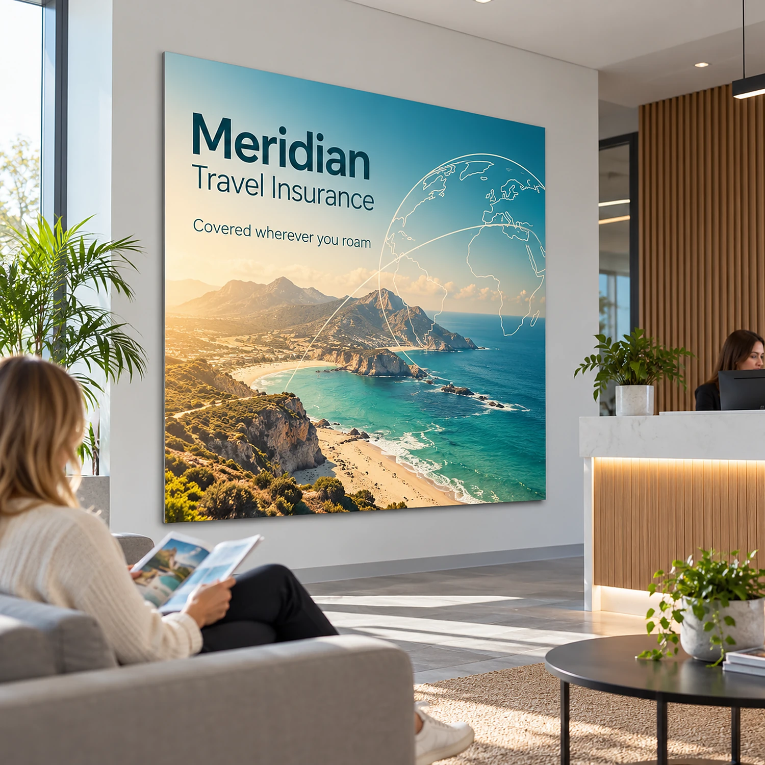 Wall mounted tension fabric display frame in an office reception, shown with an example design
