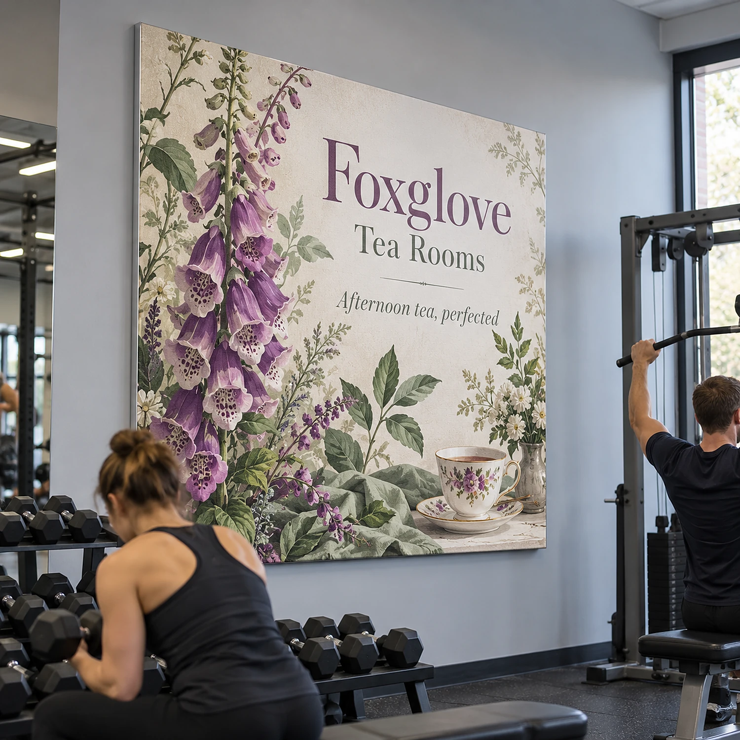Wall mounted tension fabric display frame in a gym, shown with an example design