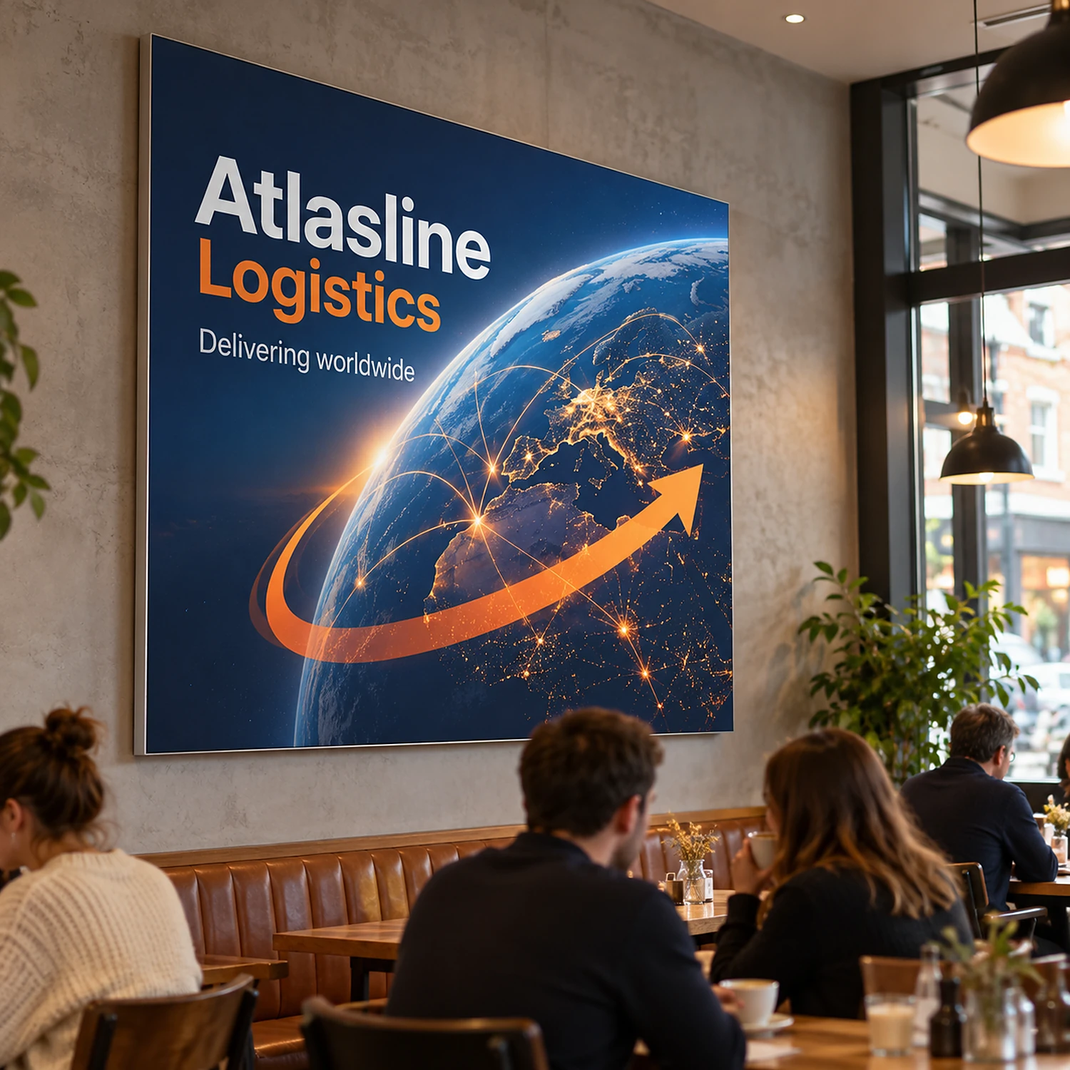 Wall mounted tension fabric display frame in a cafe, shown with an example design
