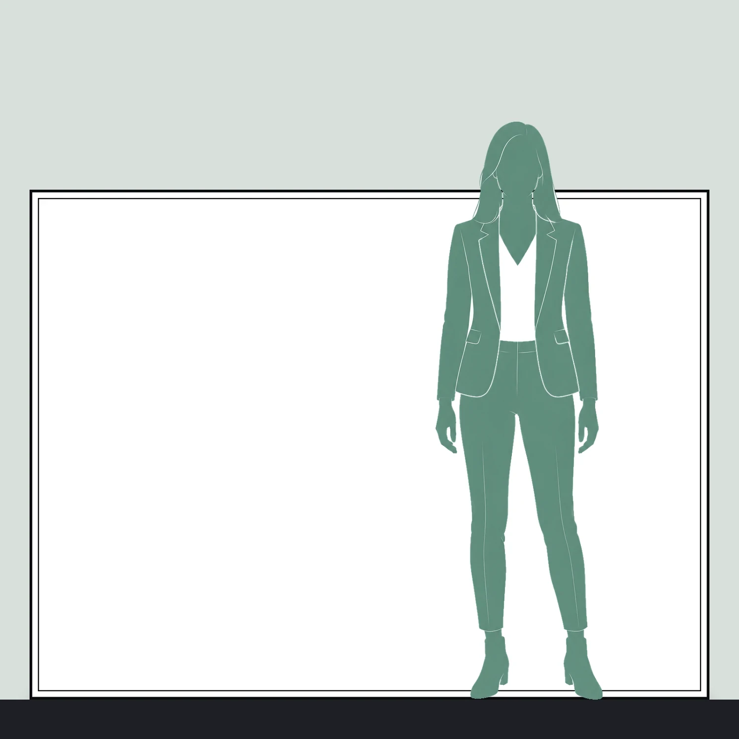 Line drawing of the 2000mm x 1500mm wall mounted tension fabric display shown to scale next to a 1.7m person