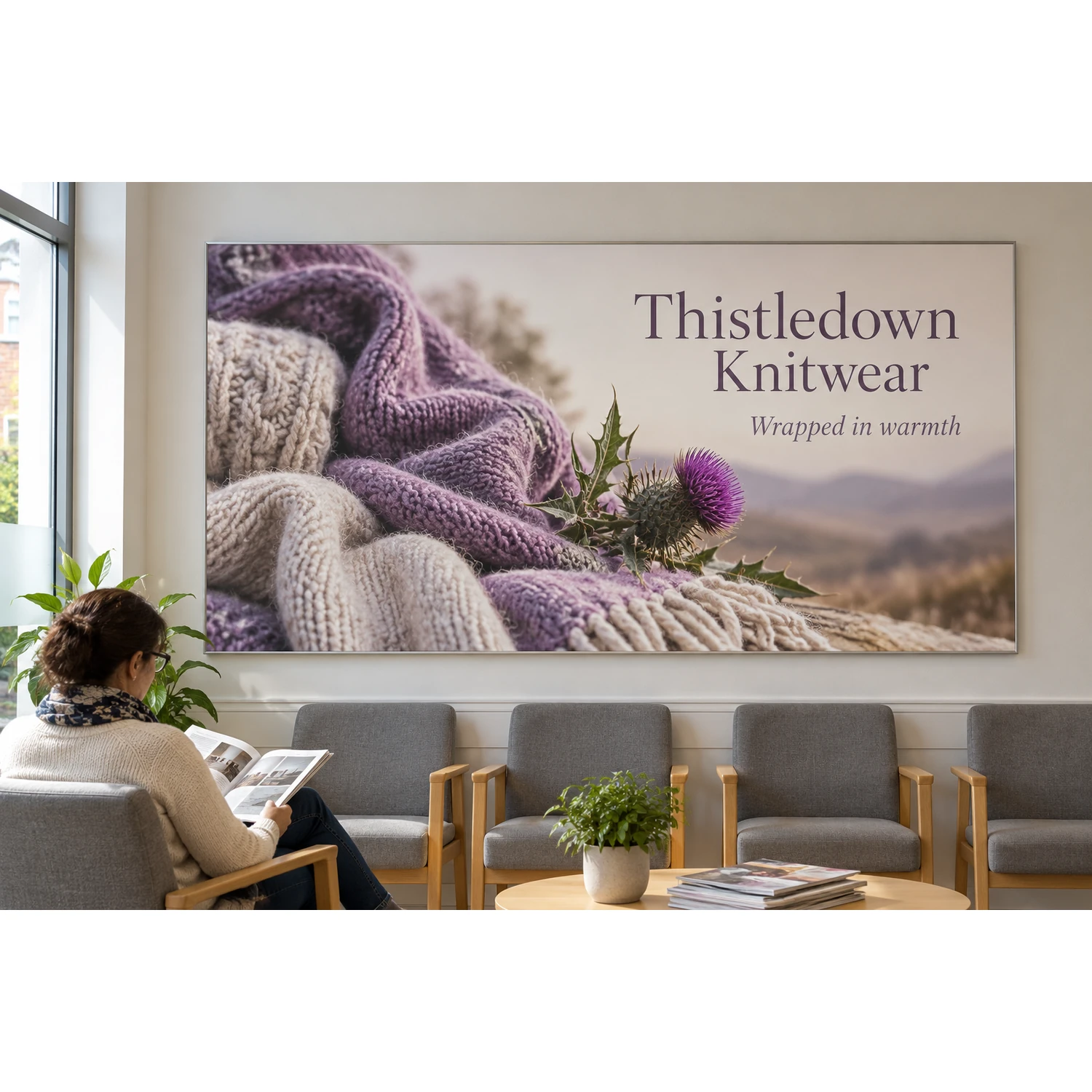 Wall mounted tension fabric display frame in a waiting room, shown with an example design
