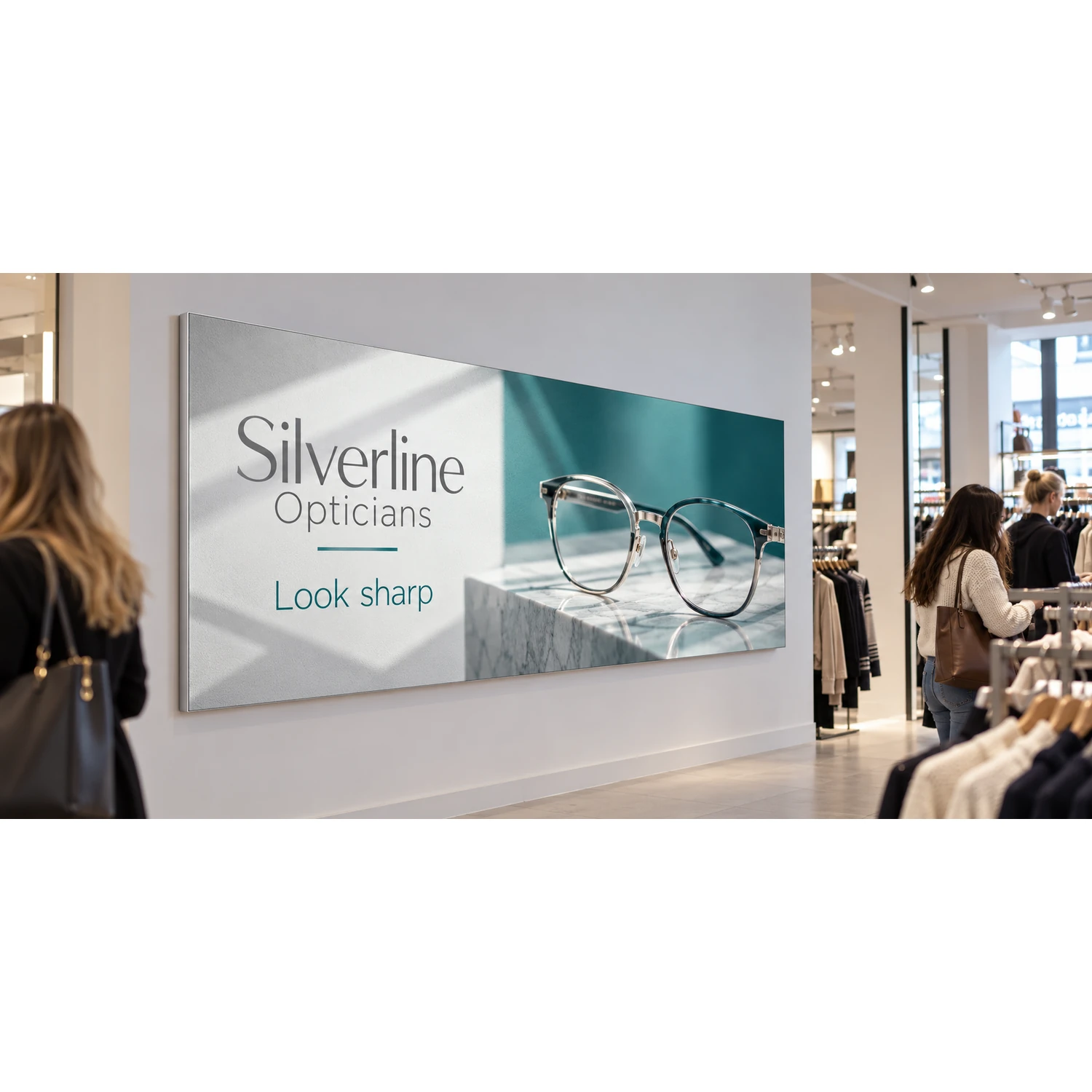 Wall mounted tension fabric display frame in a retail store, shown with an example design