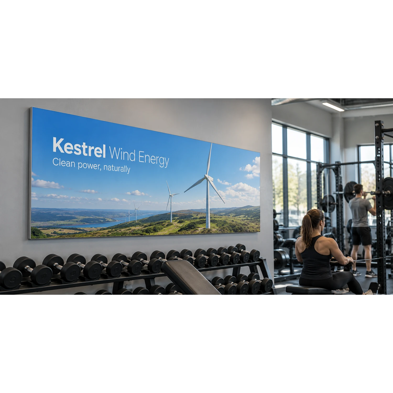 Wall mounted tension fabric display frame in a gym, shown with an example design