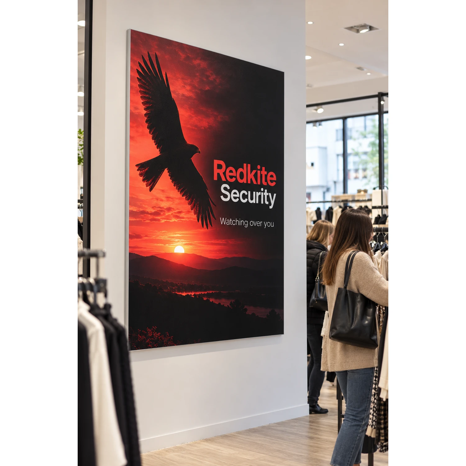 Wall mounted tension fabric display frame in a retail store, shown with an example design