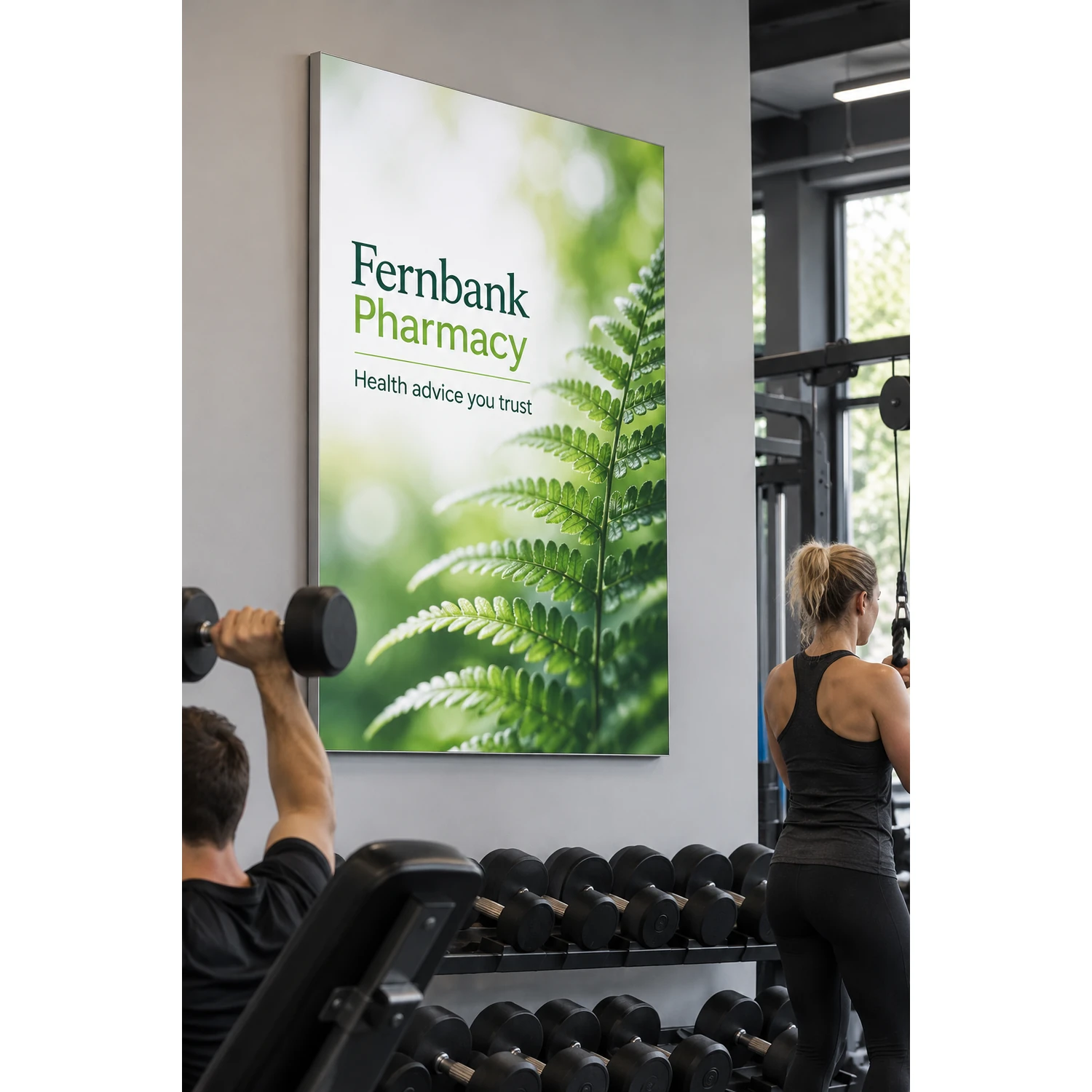 Wall mounted tension fabric display frame in a gym, shown with an example design