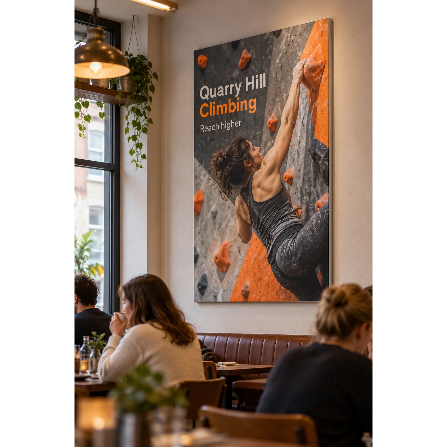 Wall mounted tension fabric display frame in a cafe, shown with an example design