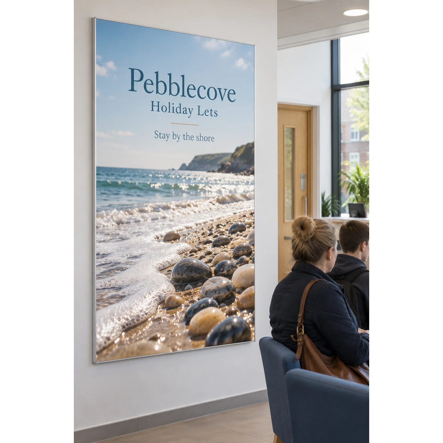 Wall mounted tension fabric display frame in a school reception, shown with an example design