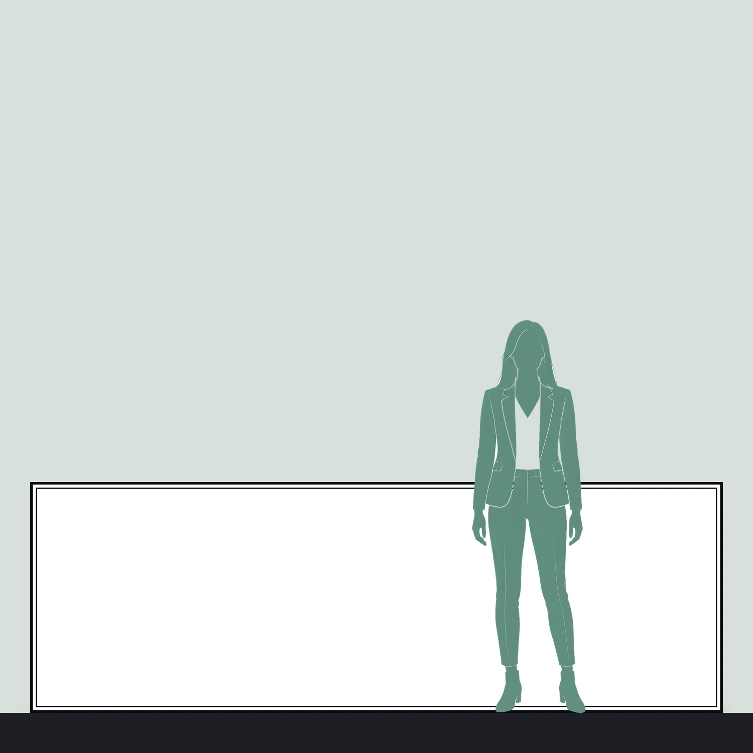 Line drawing of the 3000mm x 1000mm wall mounted tension fabric display shown to scale next to a 1.7m person
