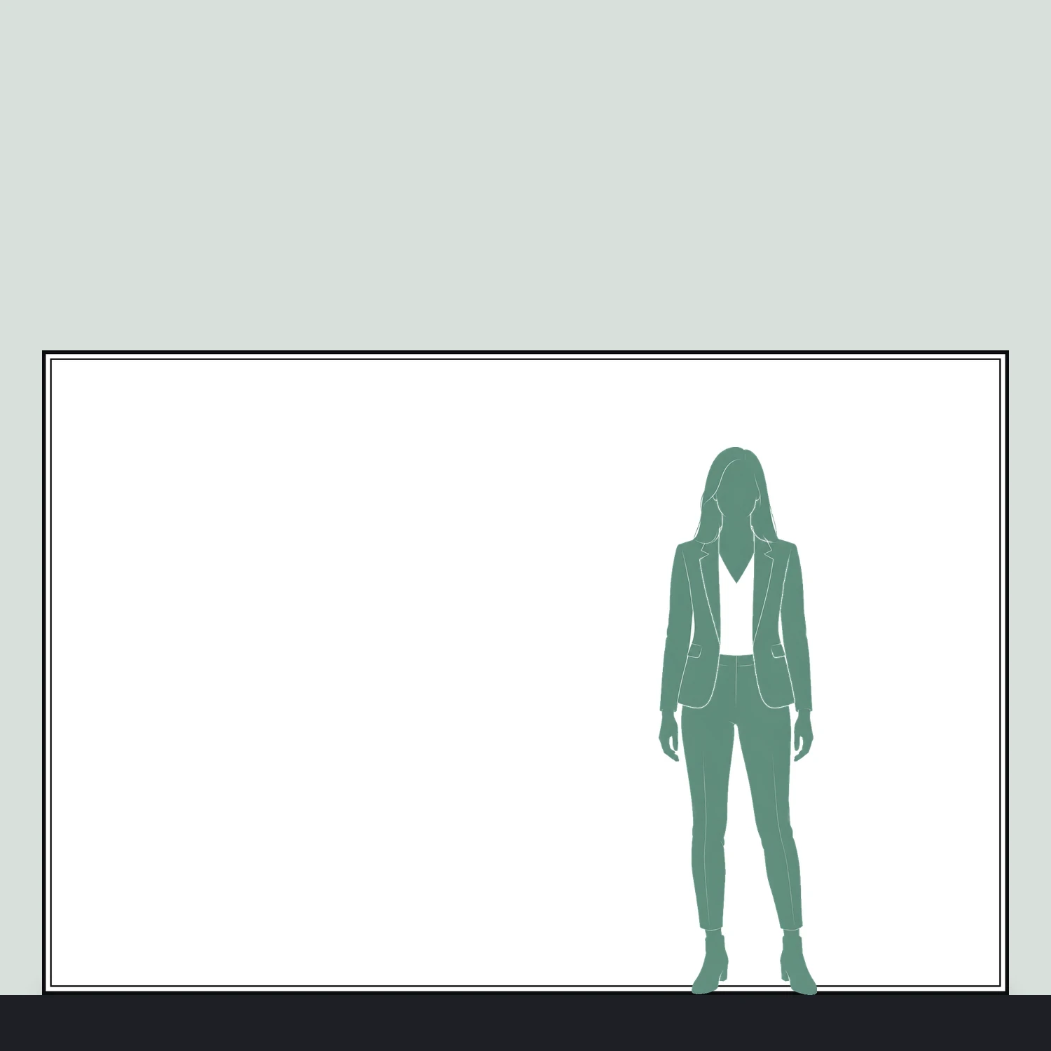 Line drawing of the 3000mm x 2000mm wall mounted tension fabric display shown to scale next to a 1.7m person