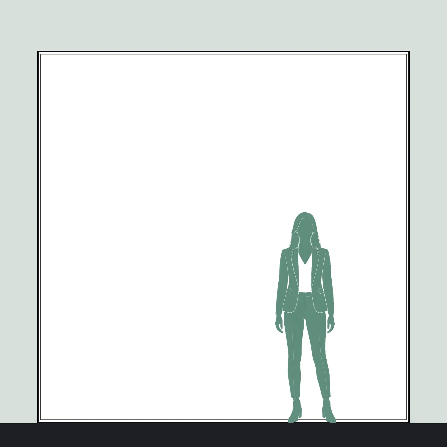 Line drawing of the 3000mm x 3000mm wall mounted tension fabric display shown to scale next to a 1.7m person