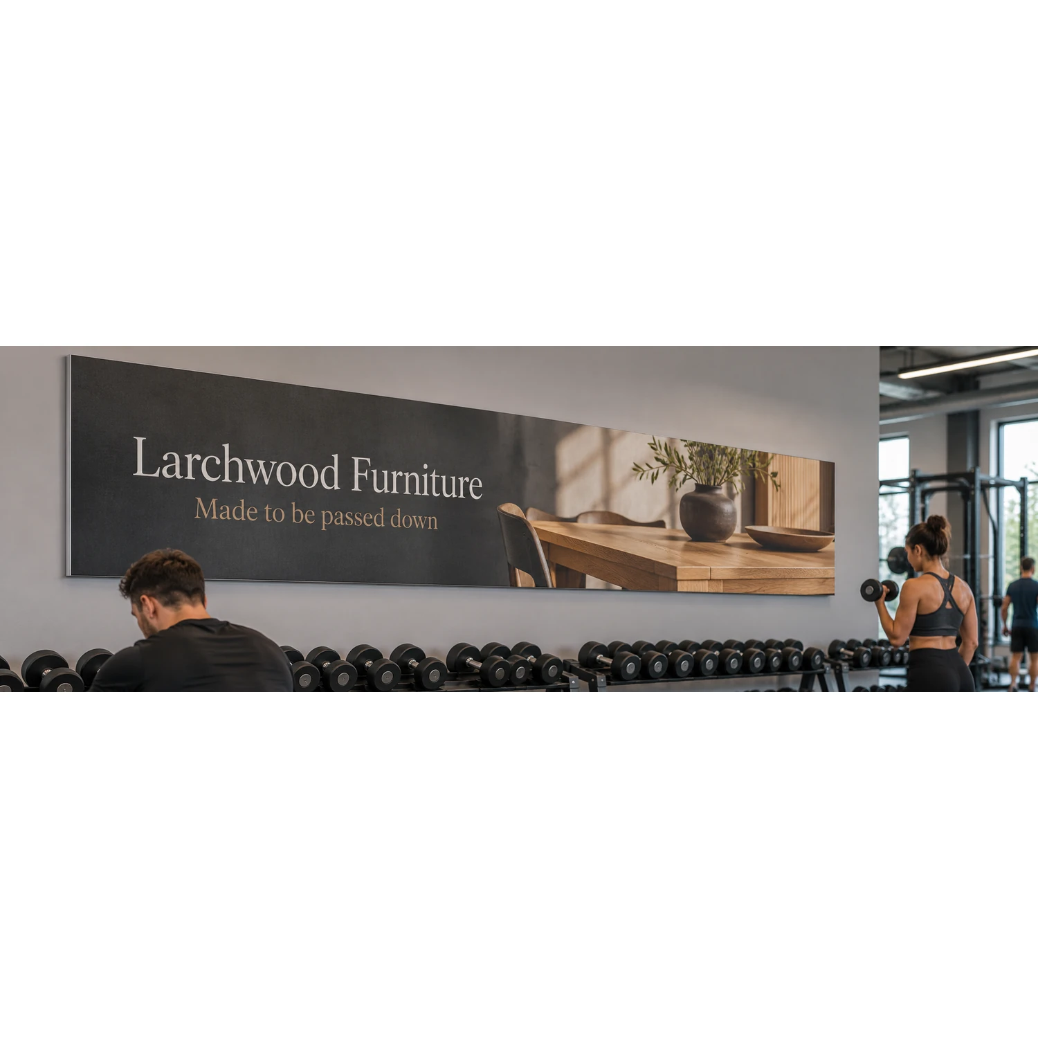 Wall mounted tension fabric display frame in a gym, shown with an example design