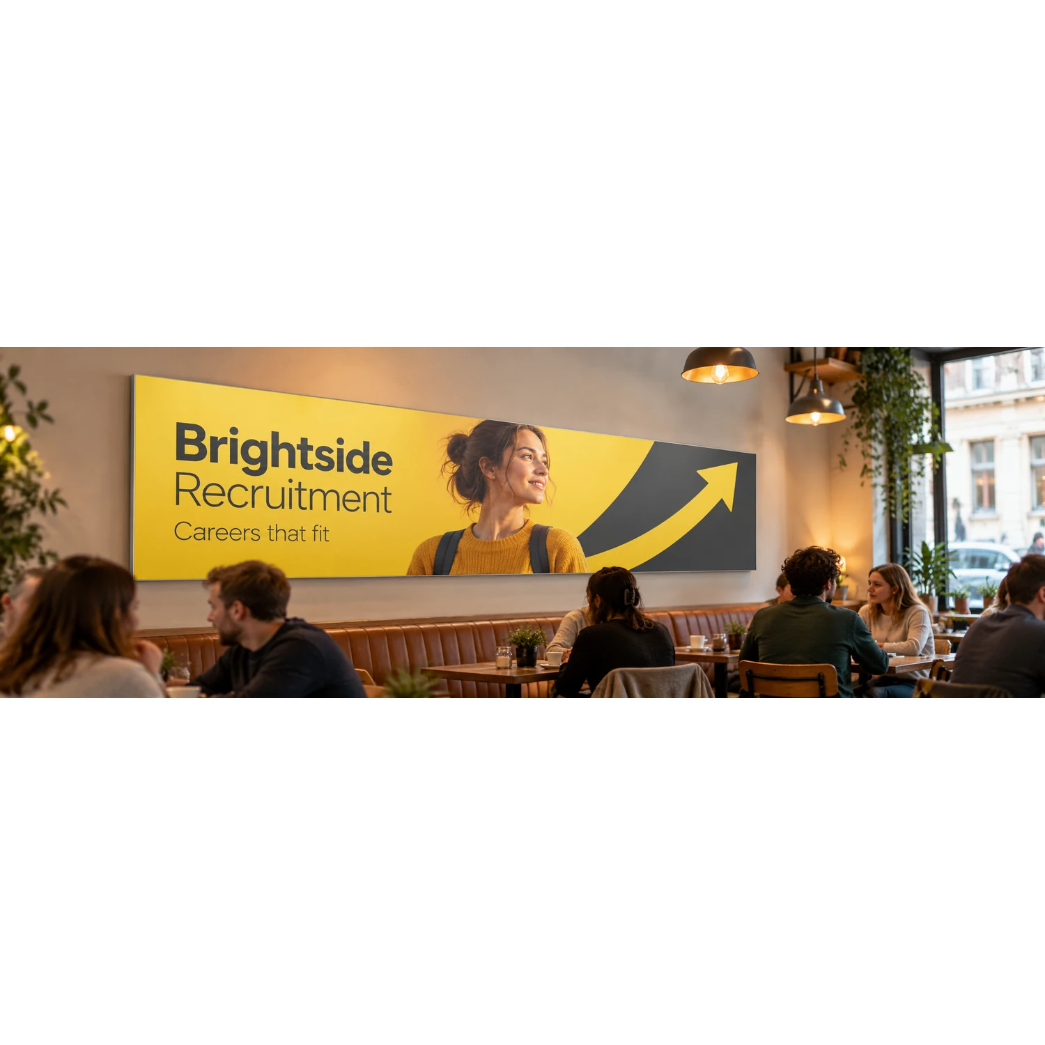 Wall mounted tension fabric display frame in a cafe, shown with an example design