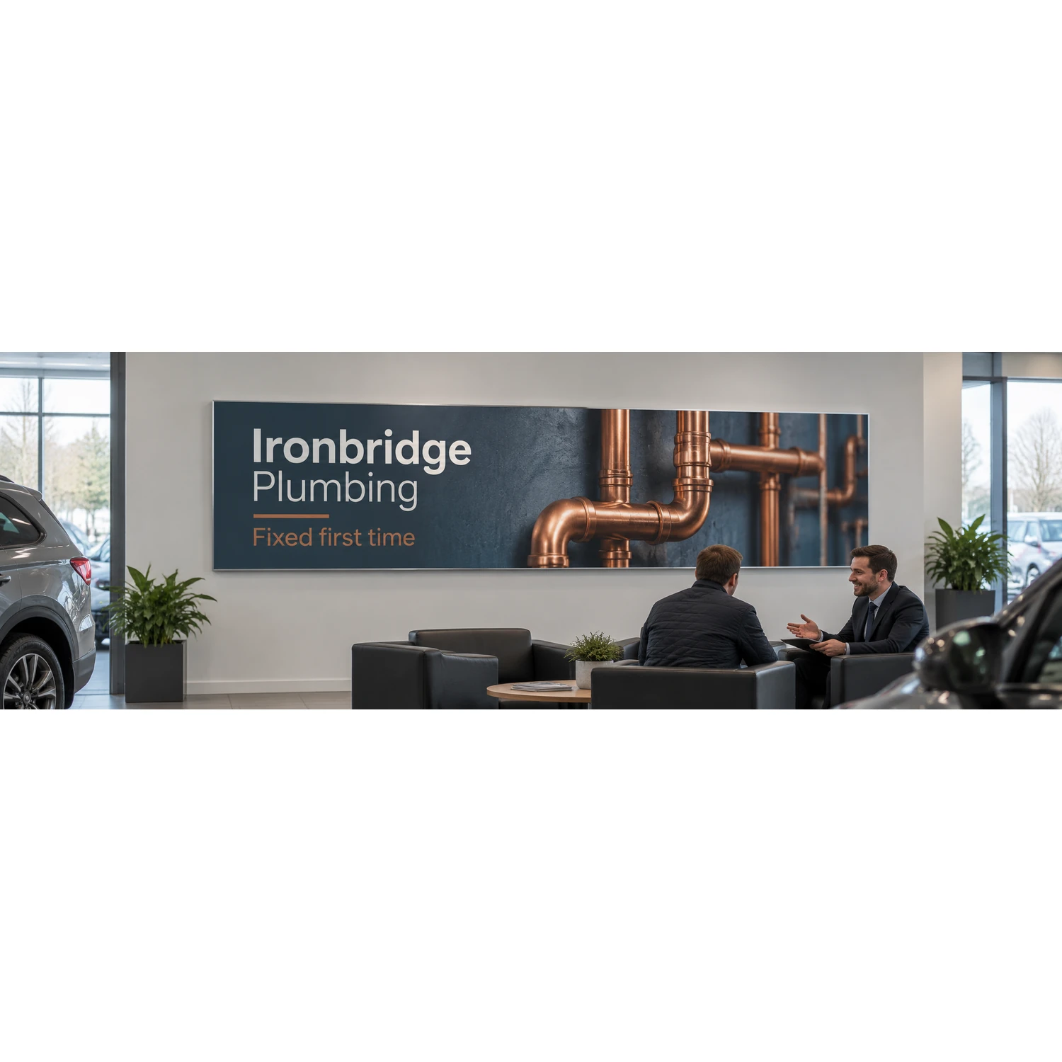 Wall mounted tension fabric display frame in a car showroom, shown with an example design