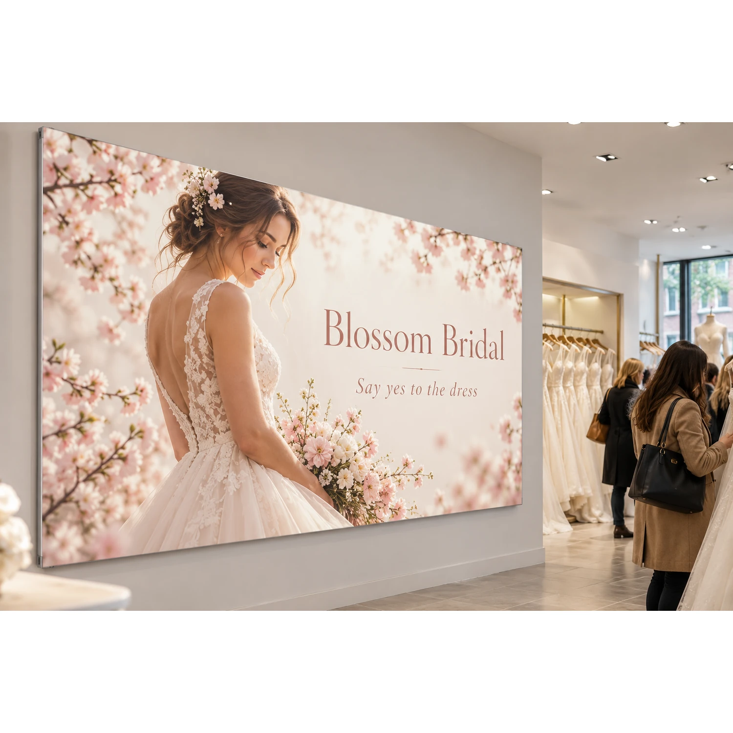 Wall mounted tension fabric display frame in a retail store, shown with an example design