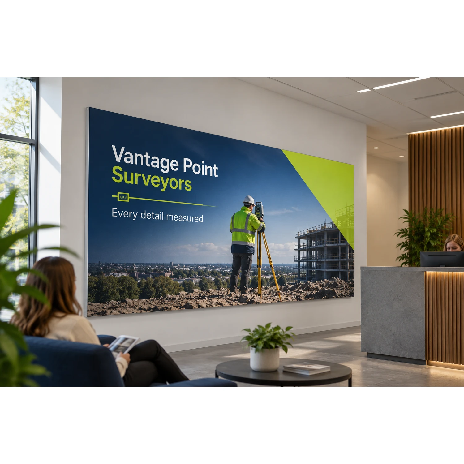 Wall mounted tension fabric display frame in an office reception, shown with an example design