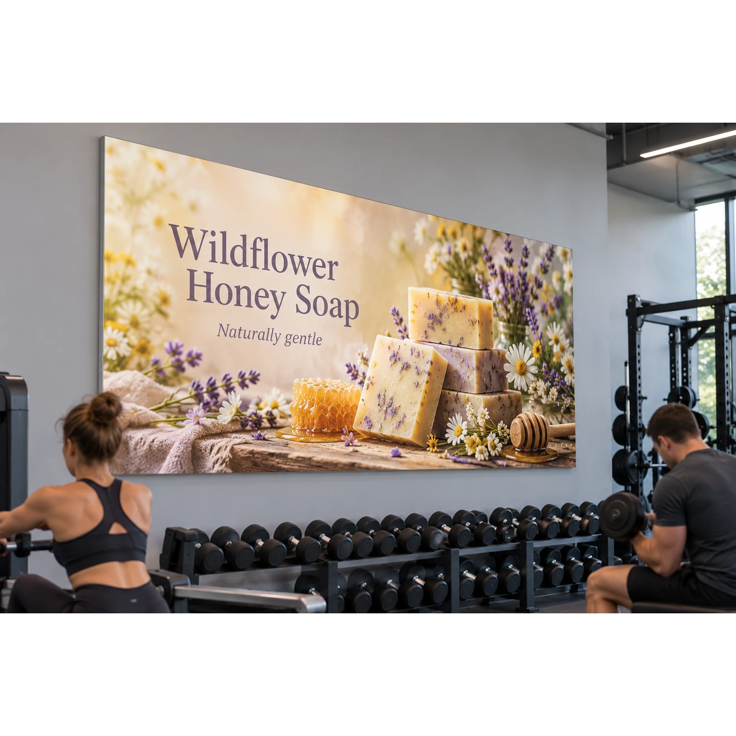 Wall mounted tension fabric display frame in a gym, shown with an example design