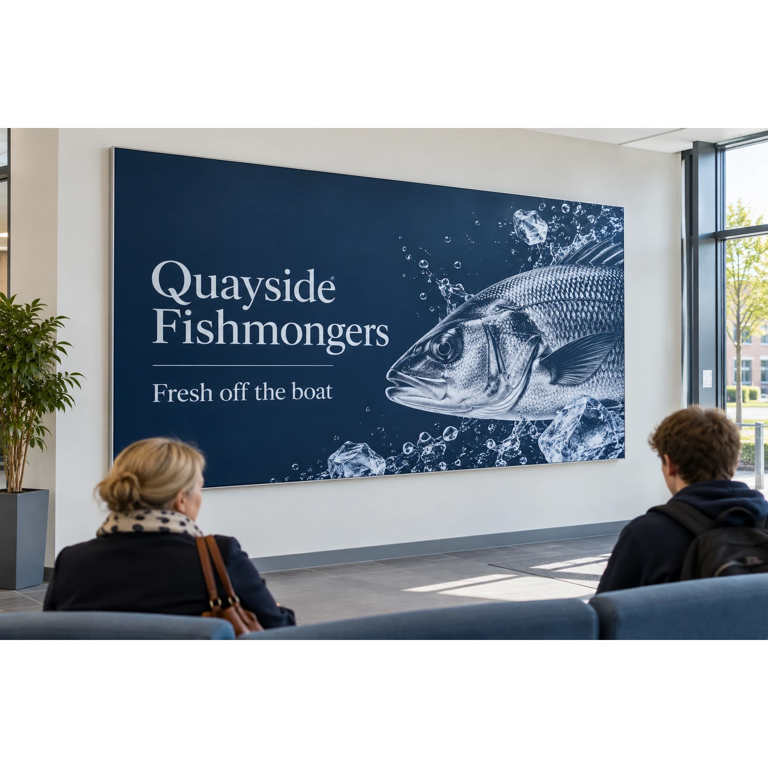 Wall mounted tension fabric display frame in a school reception, shown with an example design