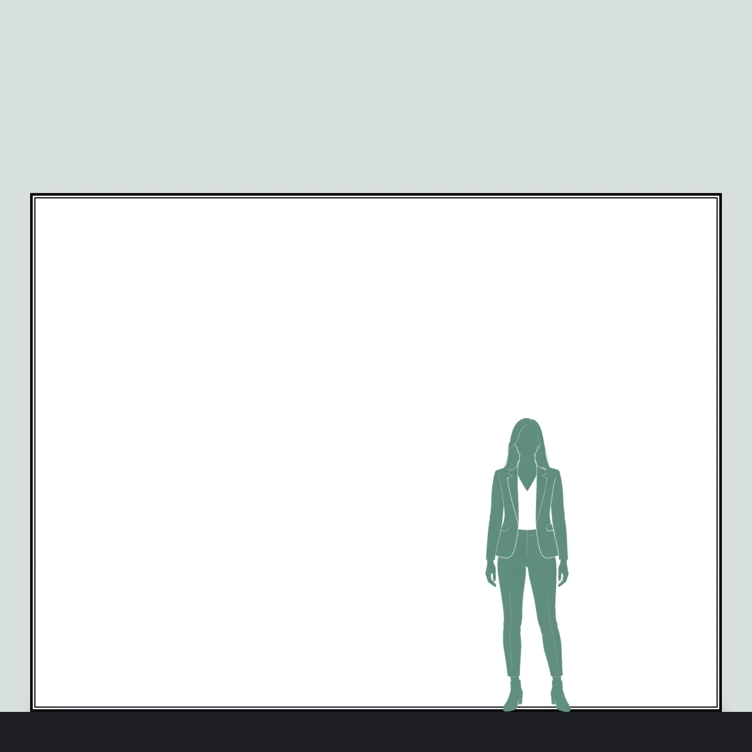 Line drawing of the 4000mm x 3000mm wall mounted tension fabric display shown to scale next to a 1.7m person