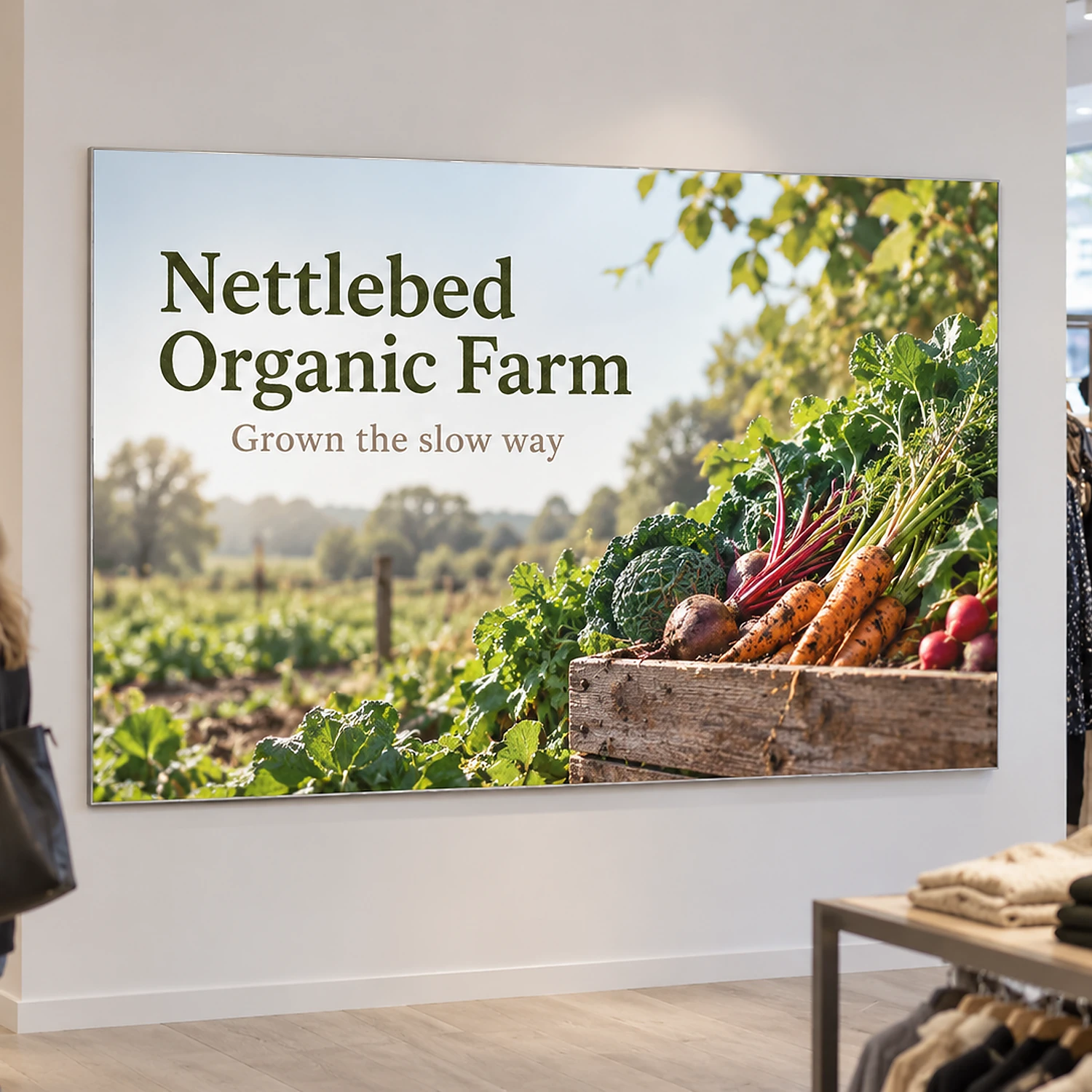 Wall mounted tension fabric display frame in a retail store, shown with an example design