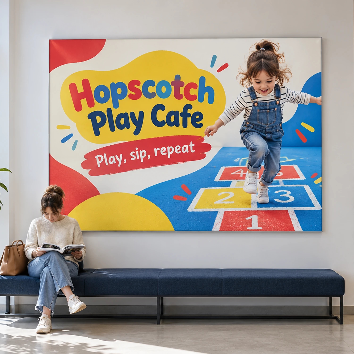 Wall mounted tension fabric display frame in a cafe, shown with an example design