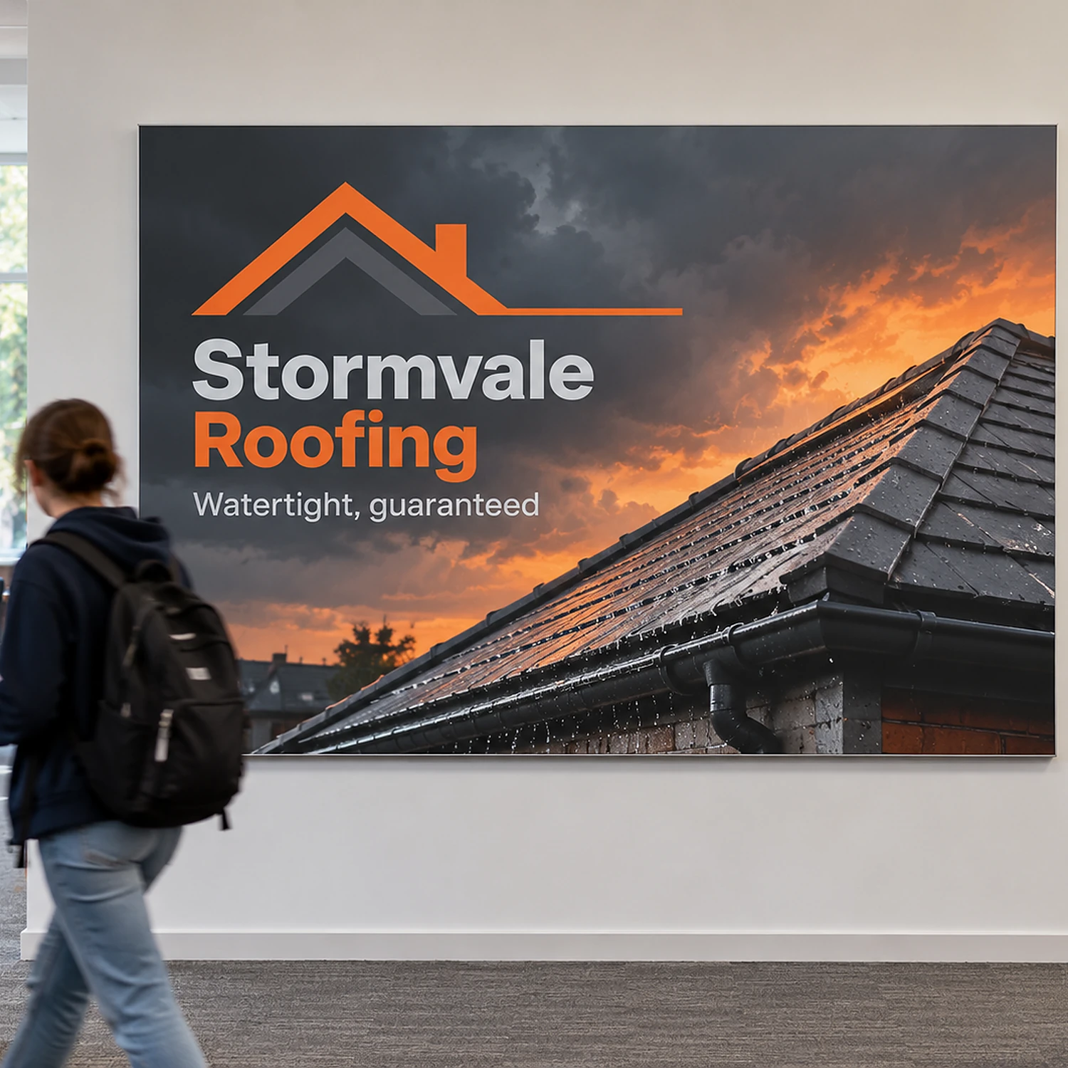Wall mounted tension fabric display frame in a library, shown with an example design