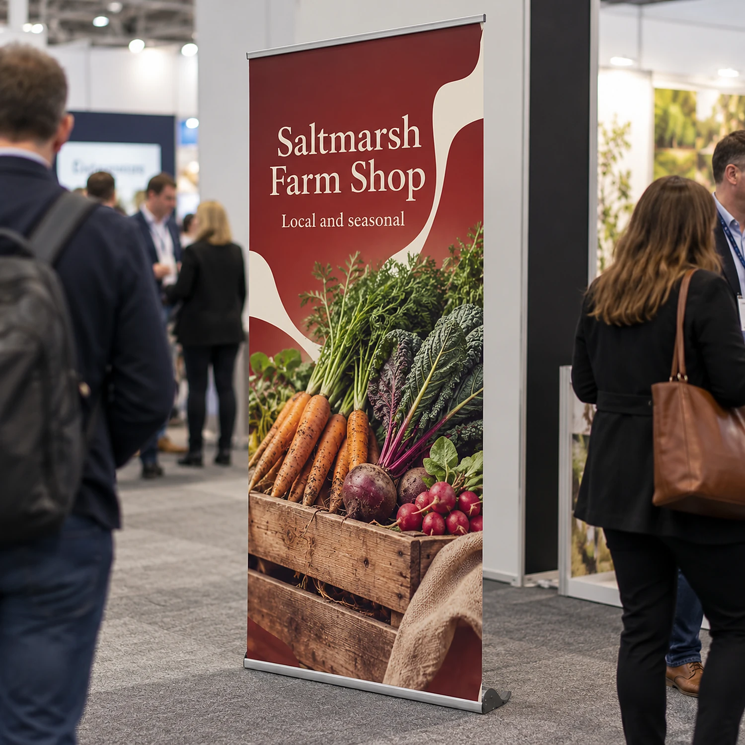 Wave roller banner in use at a busy trade show