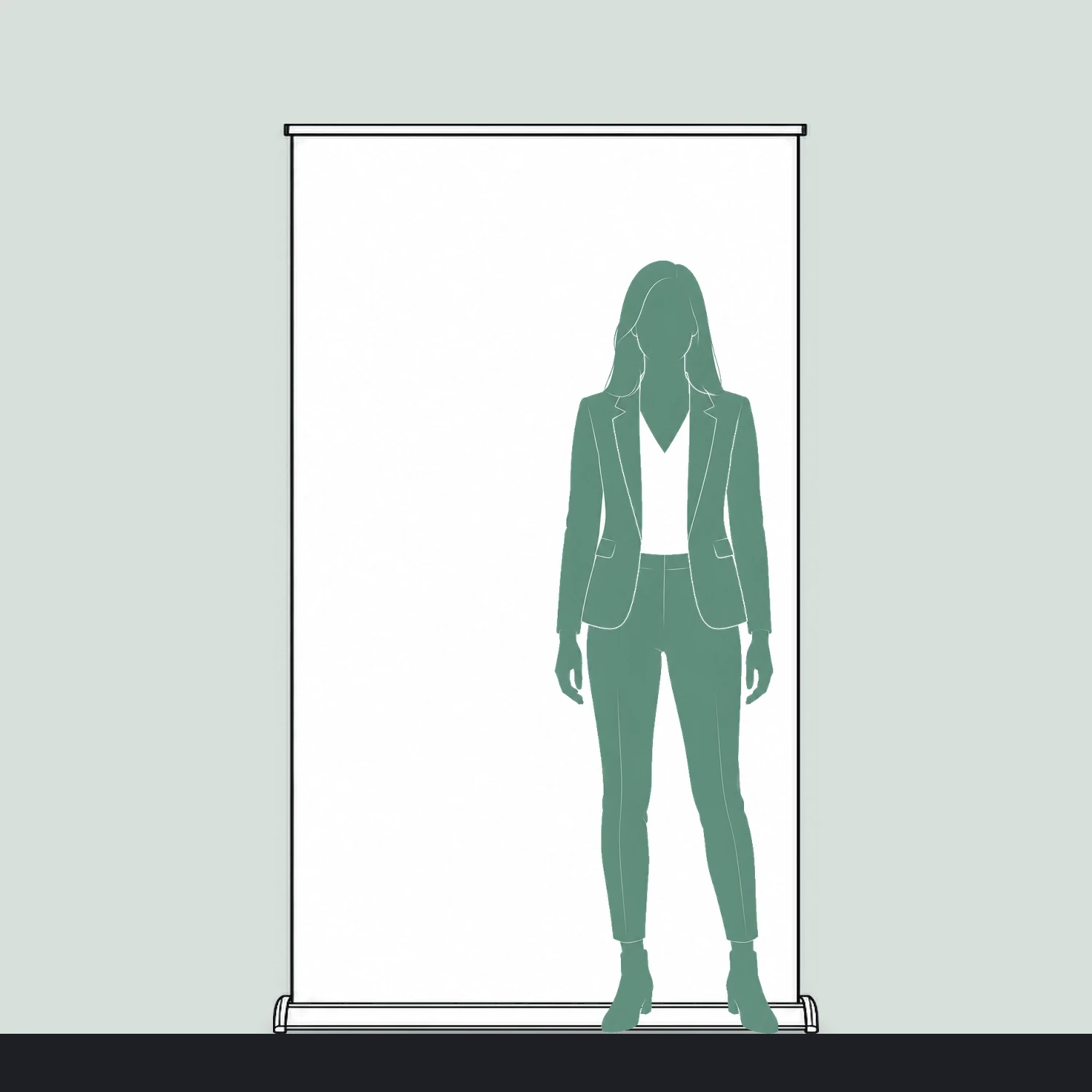Wave roller banner size guide, 1200mm wide x 2000mm high, shown next to a person for scale