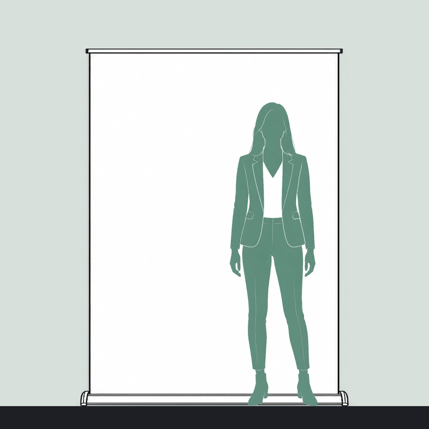 Wave roller banner size guide, 1500mm wide x 2000mm high, shown next to a person for scale