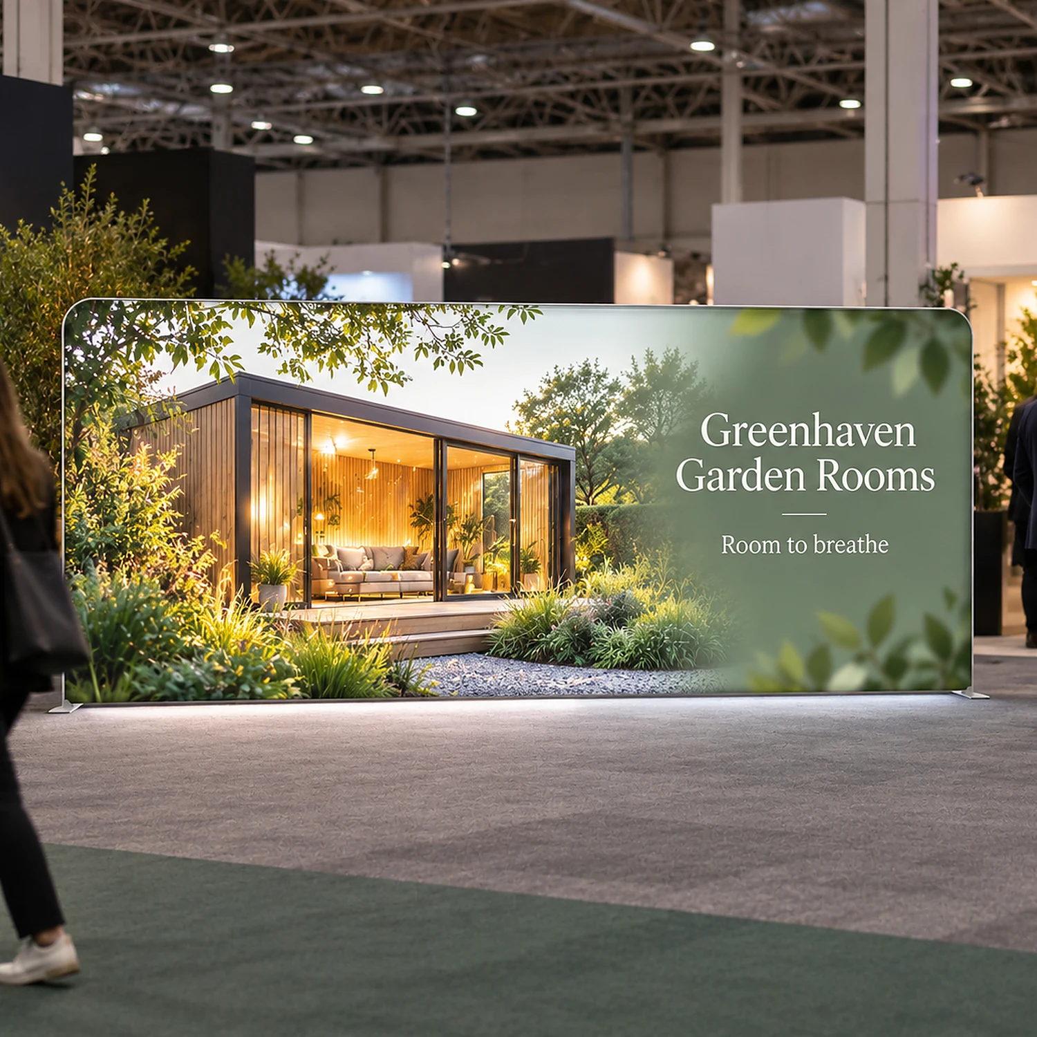 WaveLight Backlit Display Wall 18.5ft backlit fabric display wall at a trade show, shown with an example design