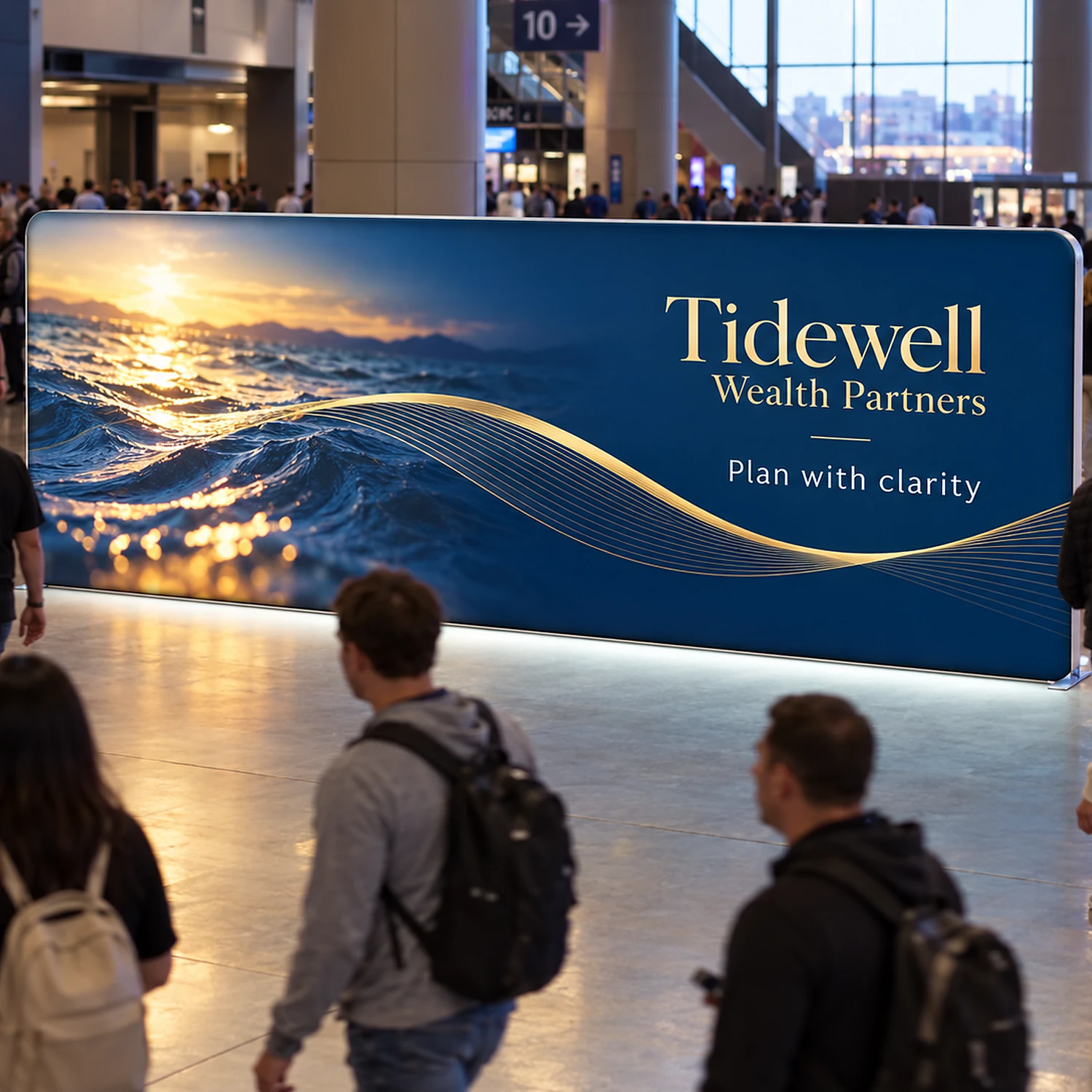 WaveLight Backlit Display Wall 18.5ft backlit fabric display wall at a consumer show, shown with an example design