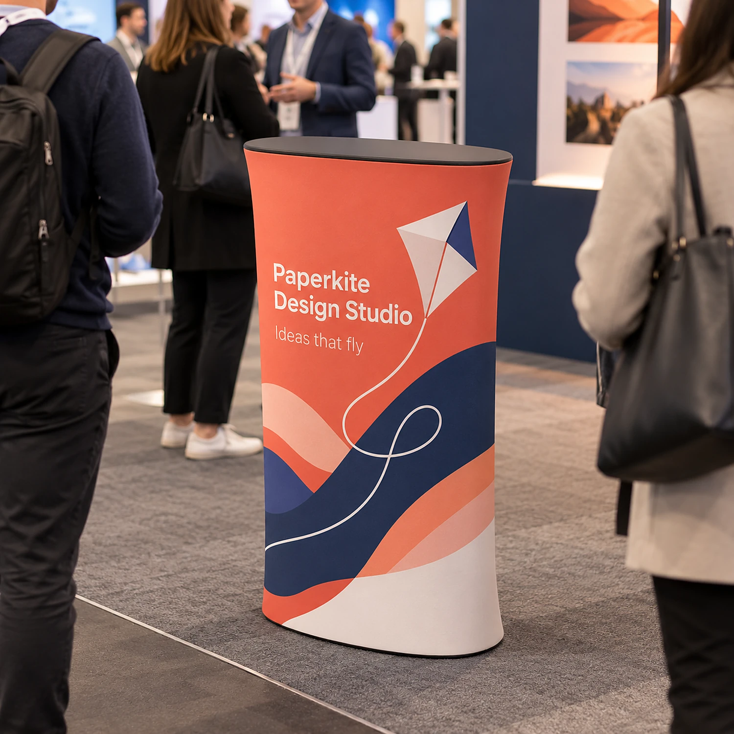 WaveLine Counter L fabric display counter at a trade show, shown with an example design