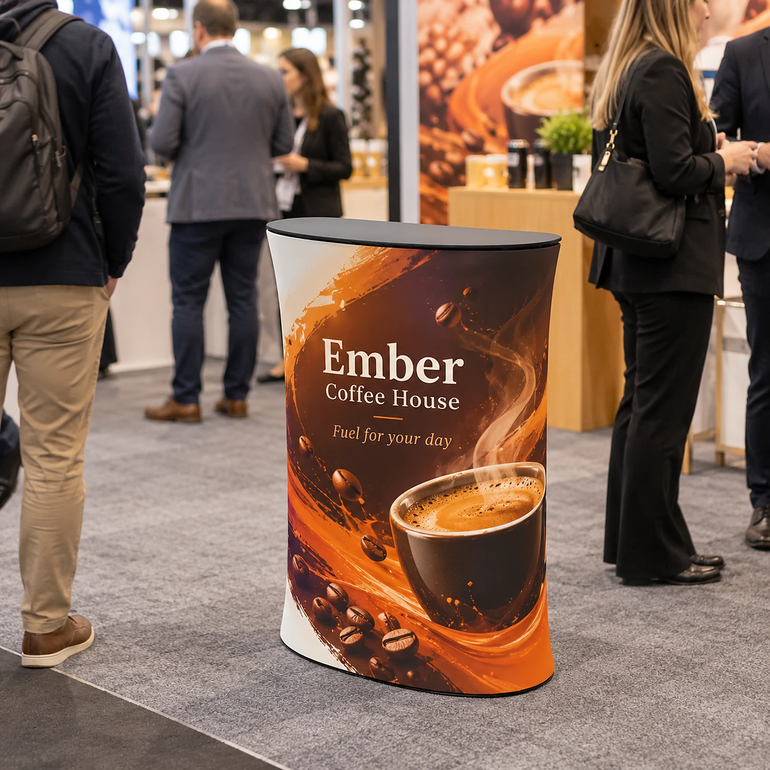 WaveLine Counter M fabric display counter at a trade show, shown with an example design