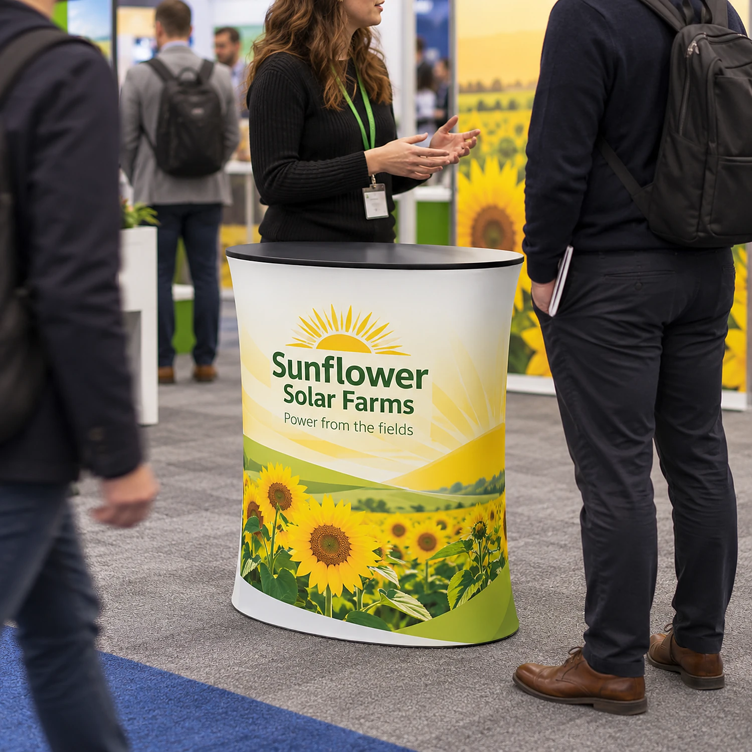 WaveLine Counter XS fabric display counter at a trade show, shown with an example design