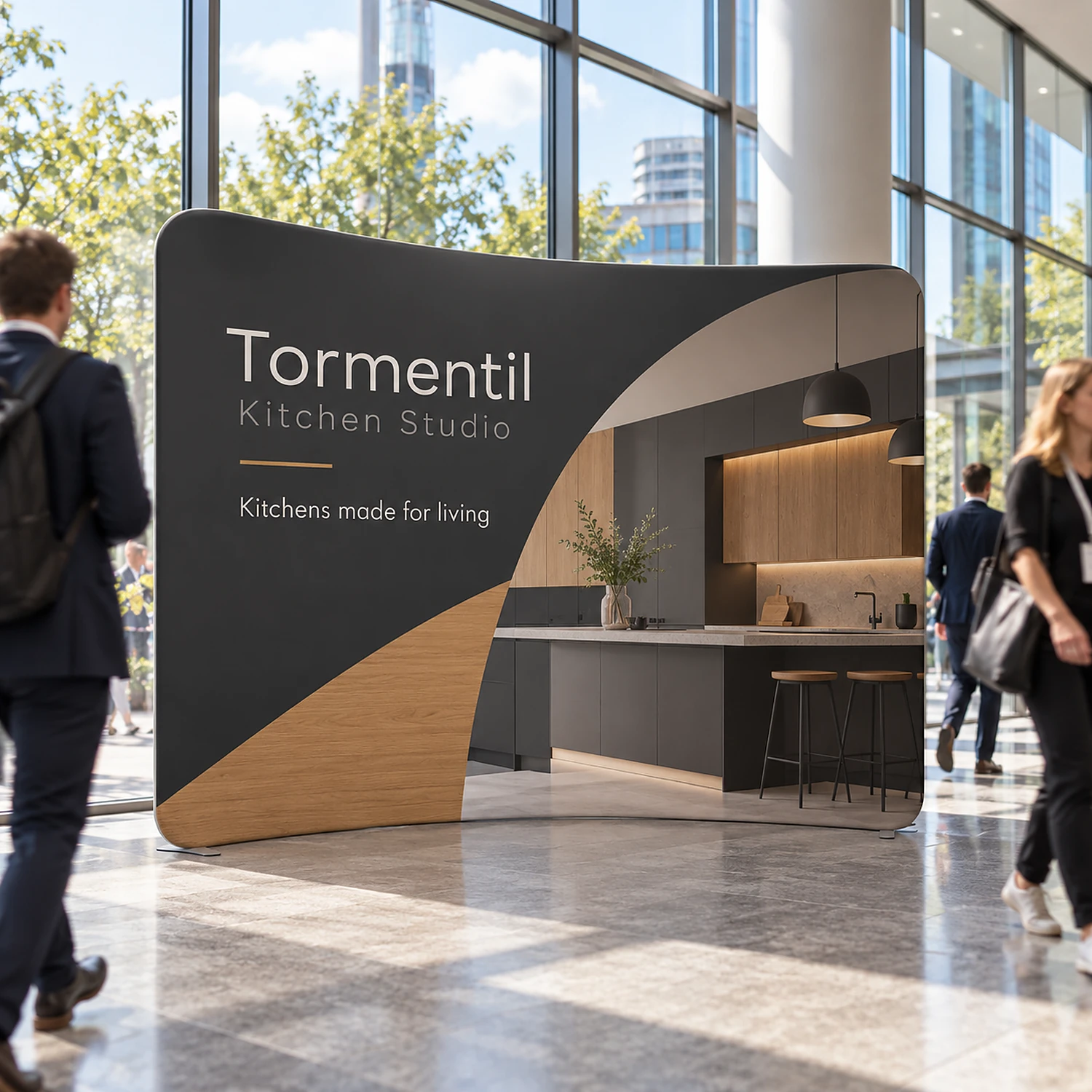 WaveLine Display Curved 10ft 10ft in a conference centre foyer, shown with an example design