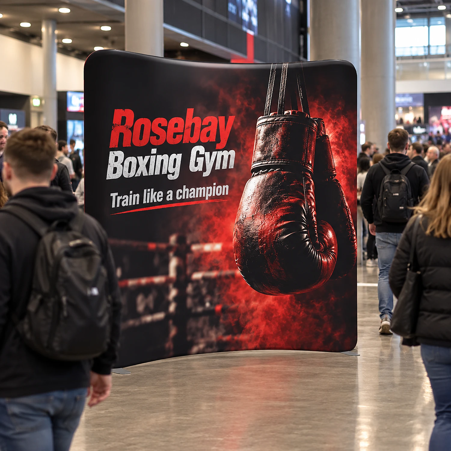 WaveLine Display Curved 8ft 8ft at a consumer show, shown with an example design