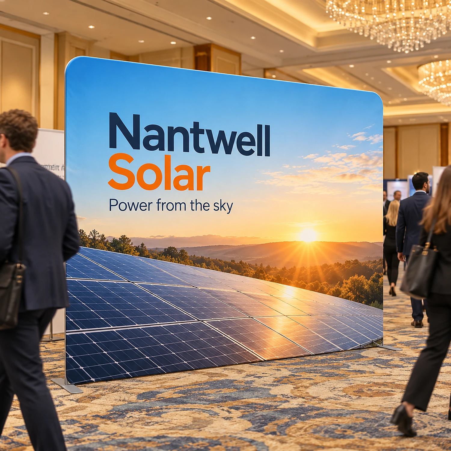 WaveLine Display Straight 10ft 10ft at a conference exhibition in a hotel ballroom, shown with an example design