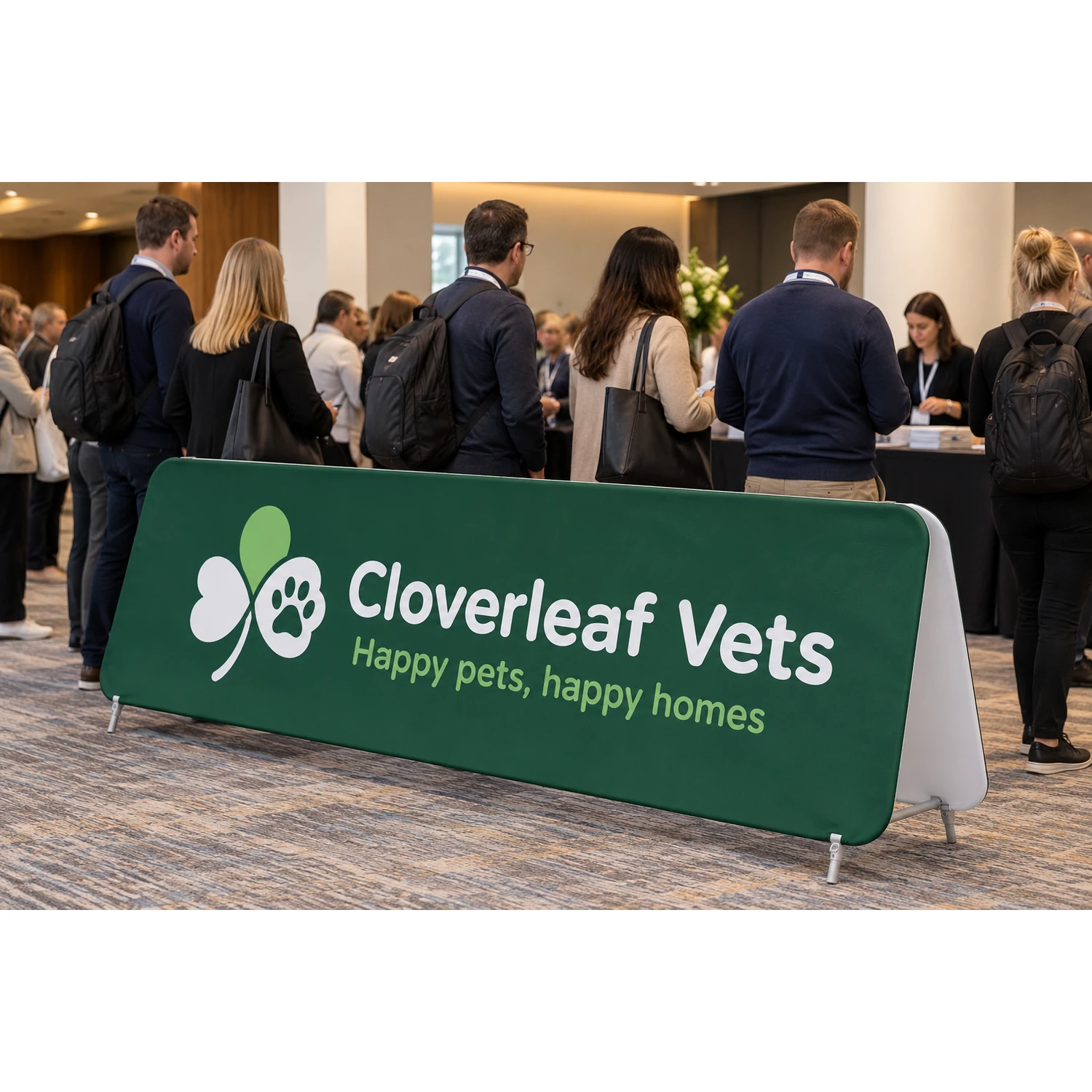 WaveLine Double Stand Large A-frame fabric sign at a conference registration area, shown with an example design
