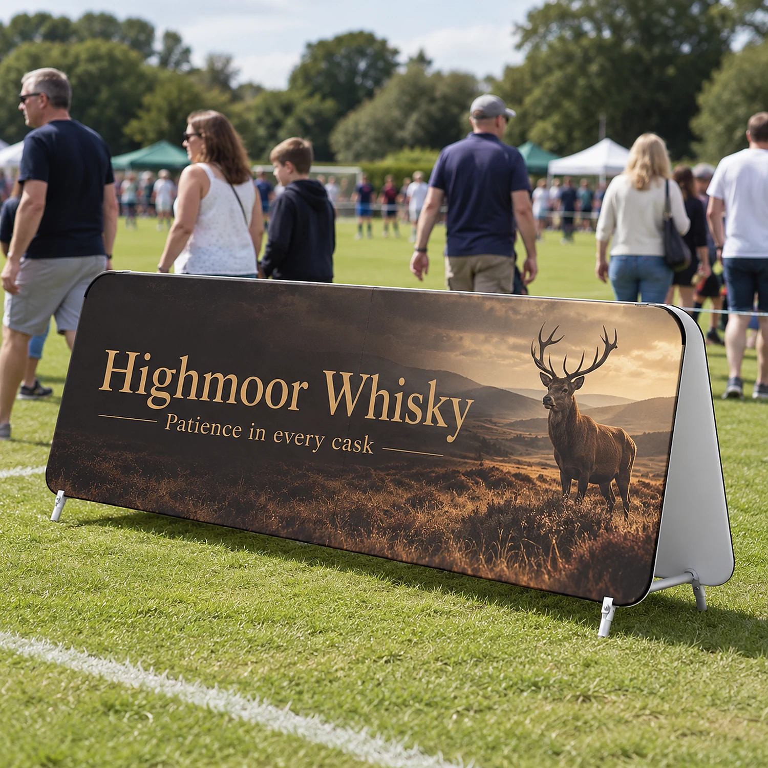 WaveLine Double Stand Large A-frame fabric sign at an outdoor sports event, shown with an example design