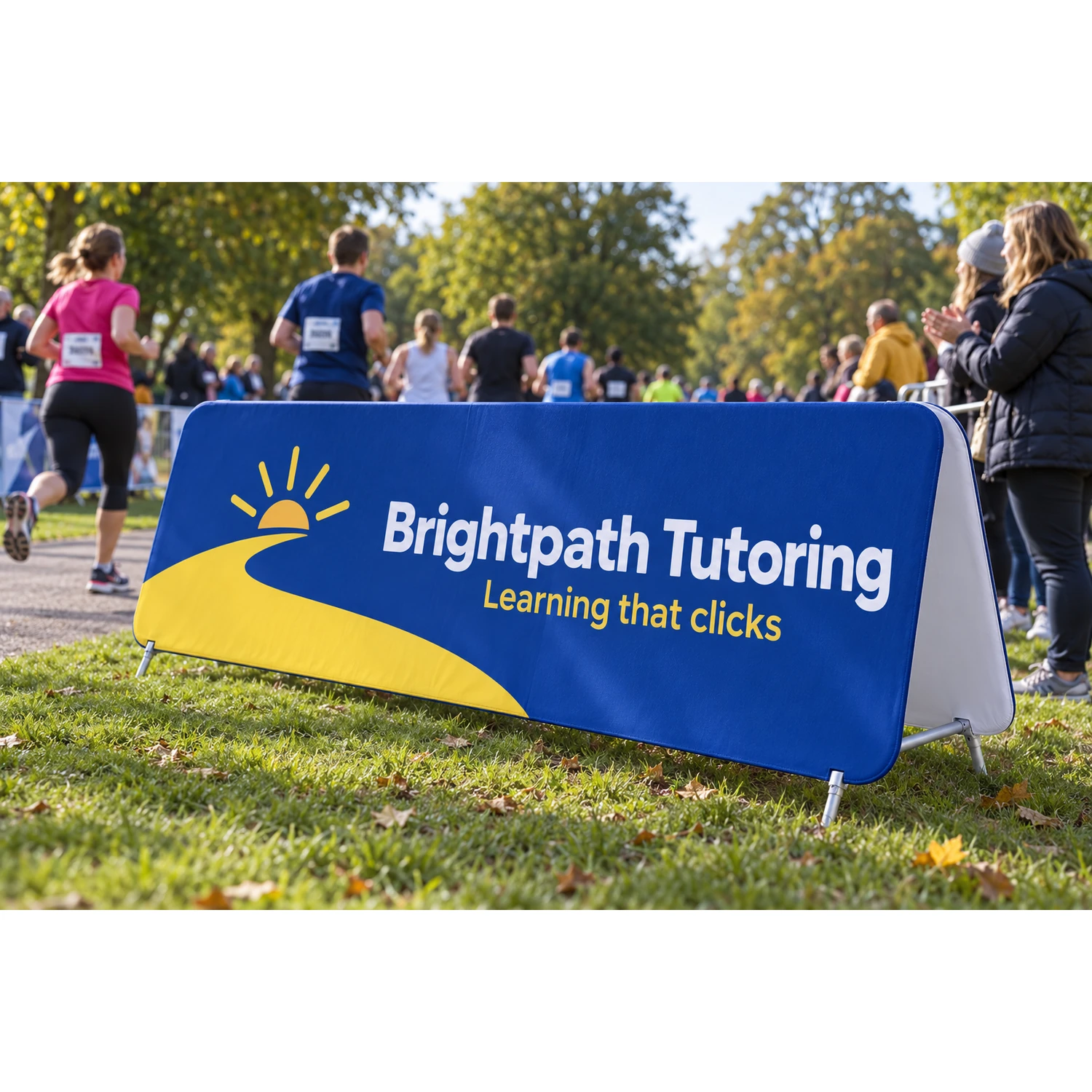 WaveLine Double Stand Large A-frame fabric sign at an outdoor charity run, shown with an example design