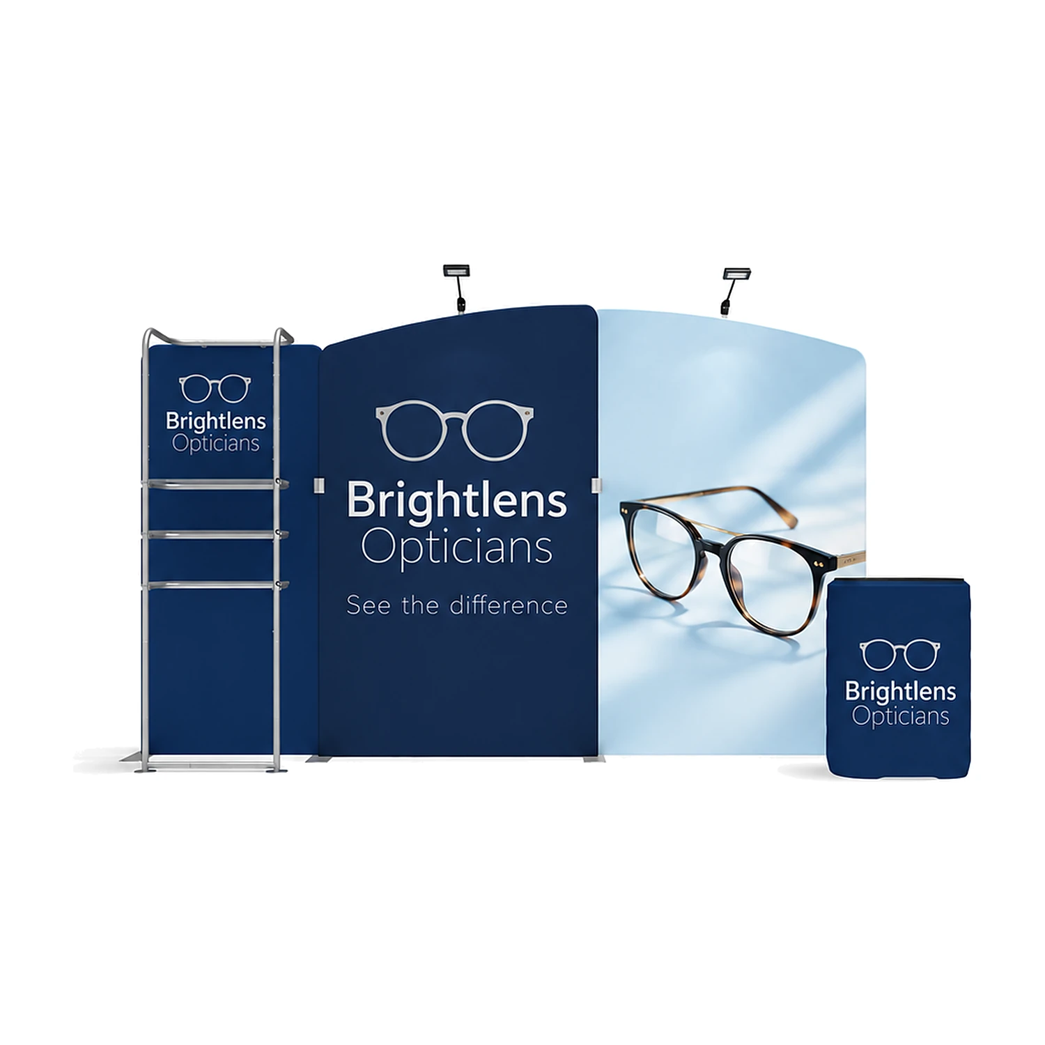 WaveLine Media WLMAA1 fabric display kit with attached shelf tower, spotlights and counter, shown with an example design