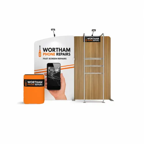 WaveLine Media® WLMEA1 Tension Fabric Display Kit 03 - Double-Sided, shown with example artwork