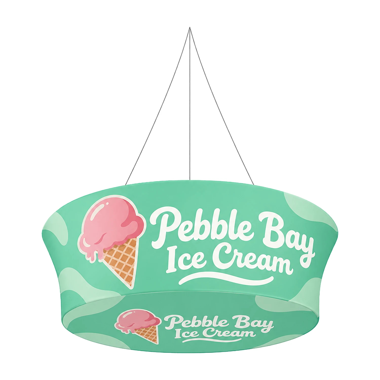 WaveLine Tapered Tube Blimp hanging banner from below, shown with an example design